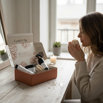 Lifestyle image featuring Coral & Clay For Her gift box on a wooden desk, containing luxury self-care items such as body lotion, hand cream, and a bath accessory, styled with a lit candle and potted plant in a bright, cozy setting.