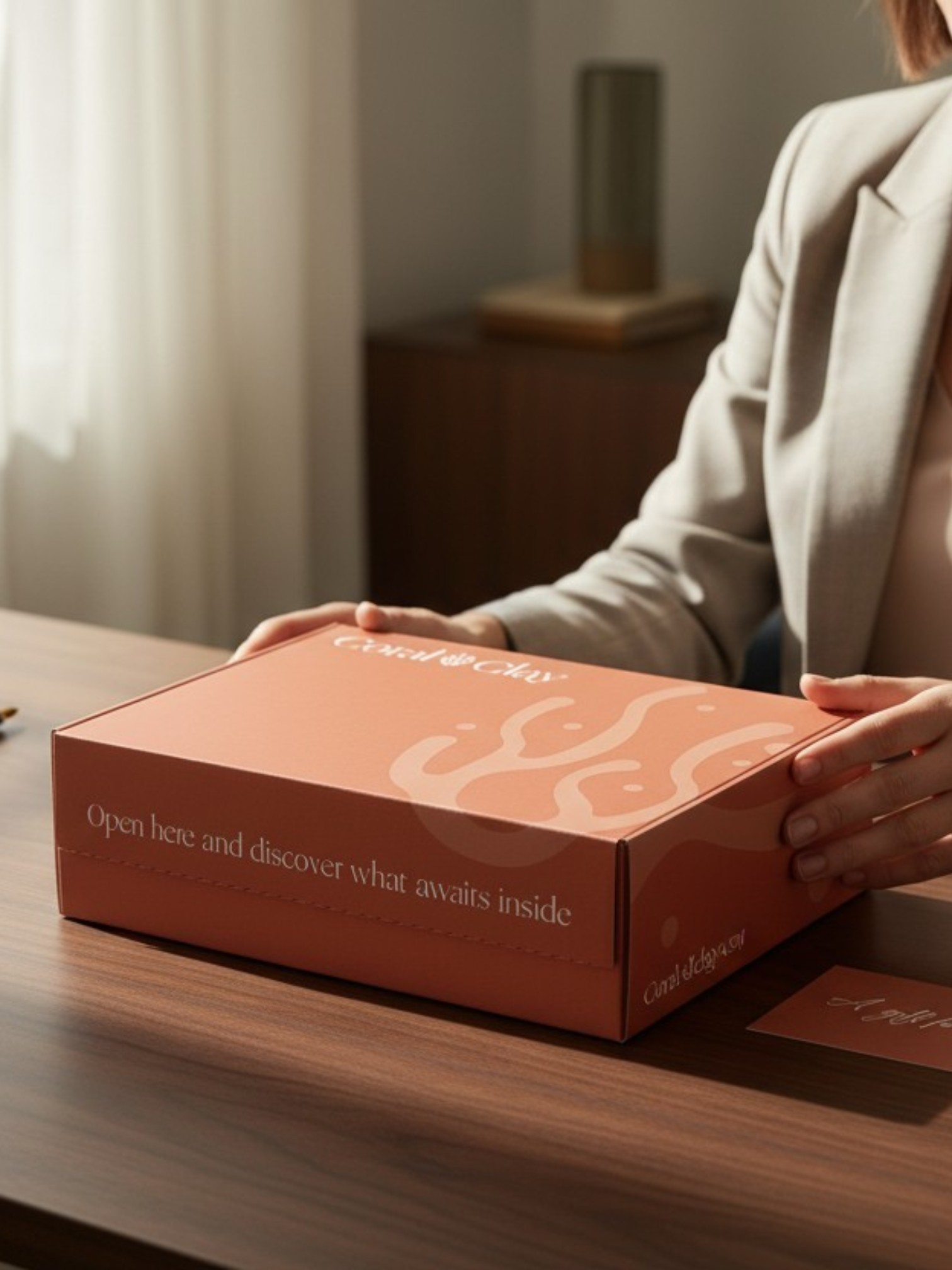 Leidinggevende die een premium zakelijke Coral & Clay-giftbox opent