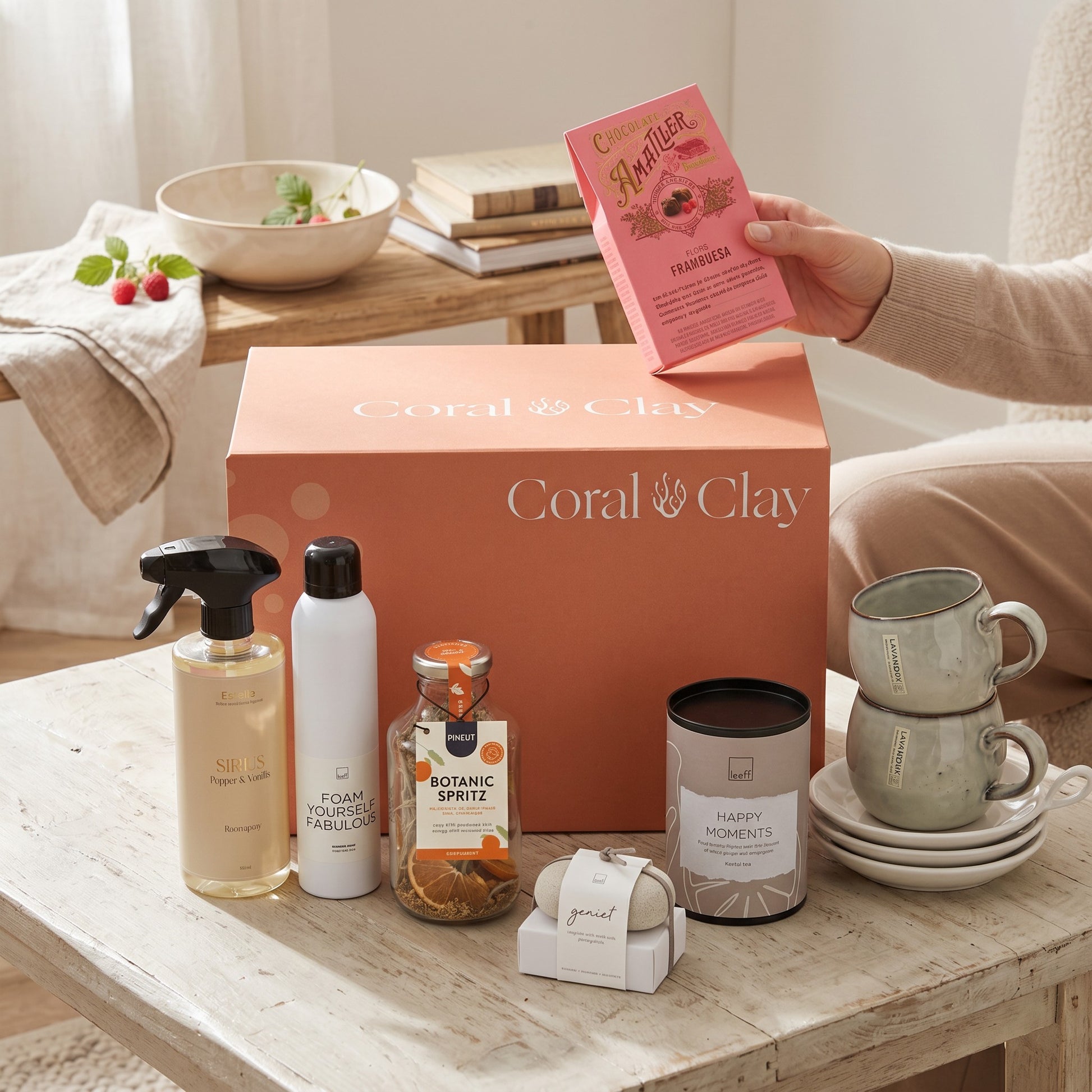 Coral & Clay Body & Mind product set on a wooden table with a person holding a pink box.