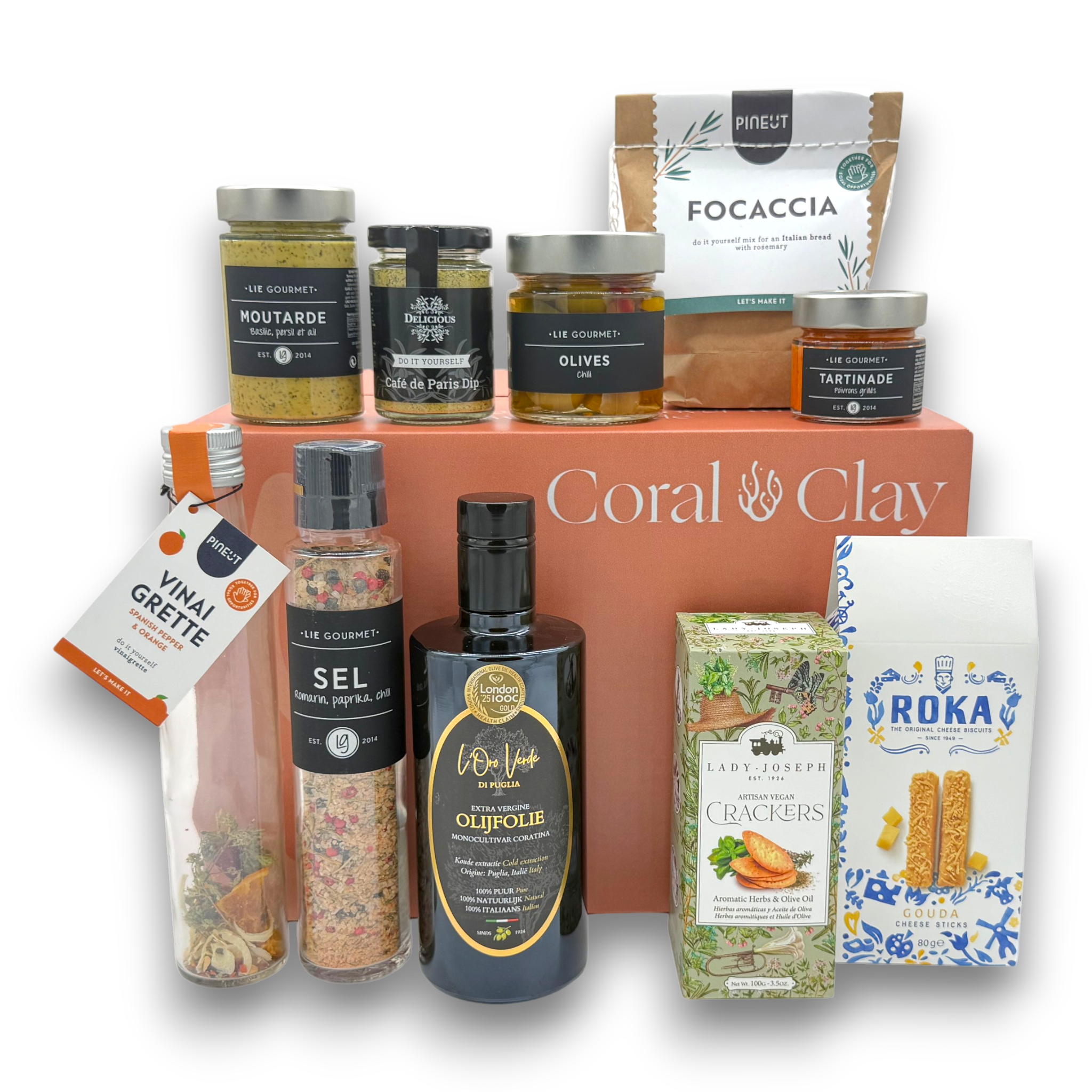 Grand Gourmet Gift Box with olive oil, focaccia and aperitivo bites by Coral & Clay