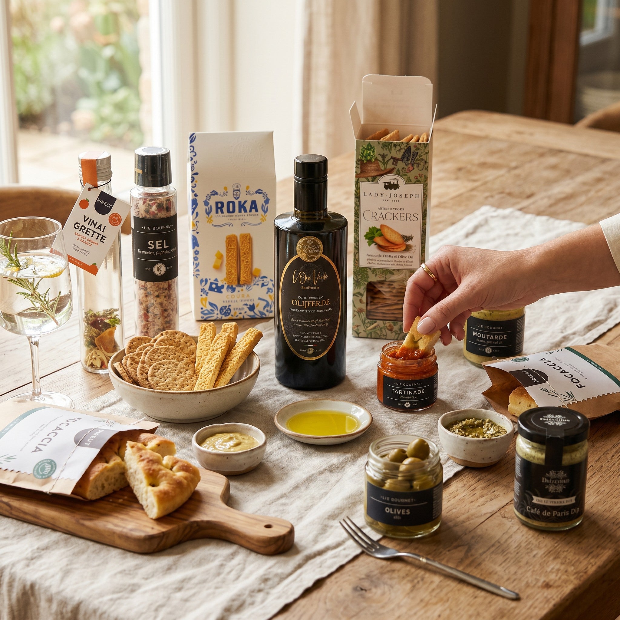 Table with assorted food items and packaging on a wooden surface