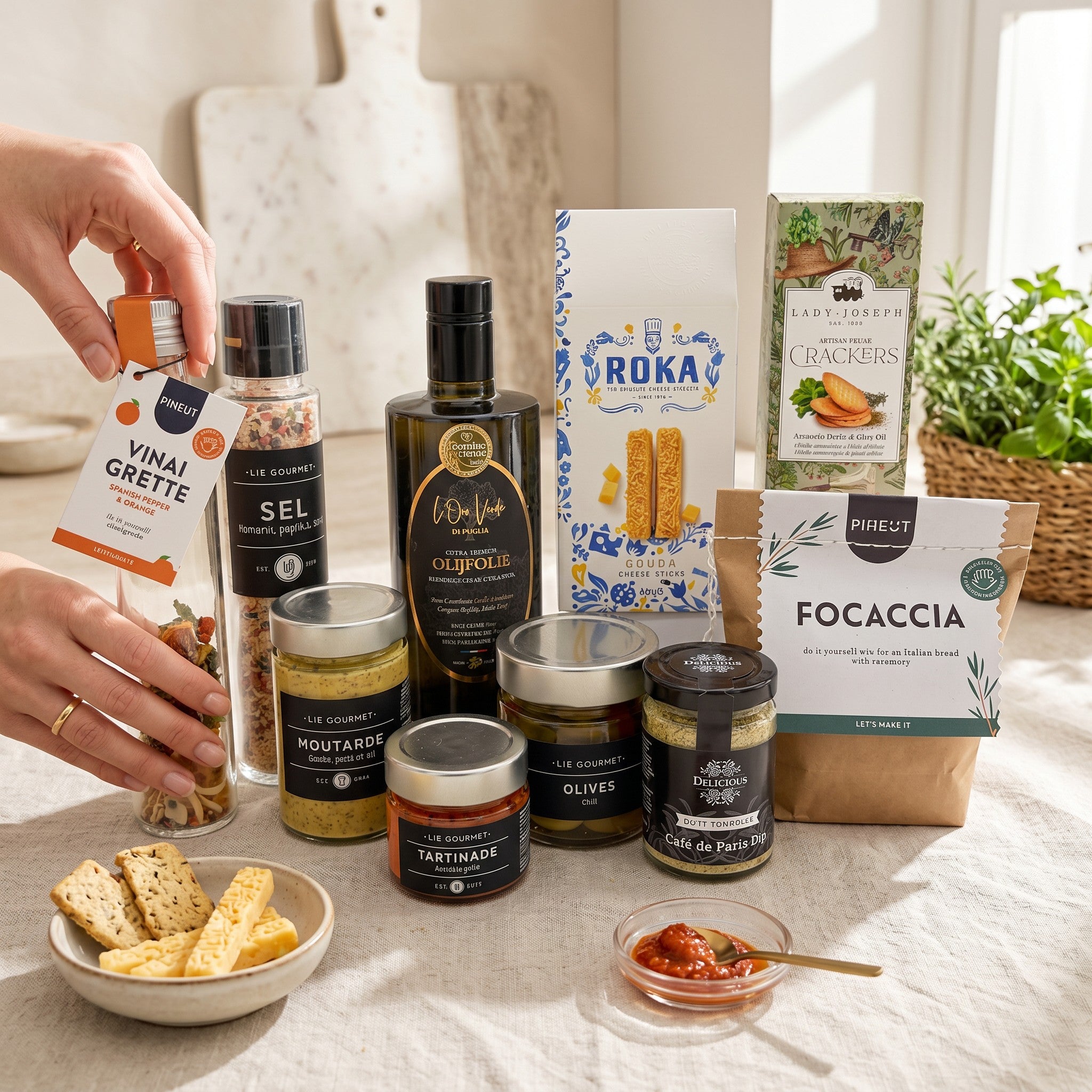 Assorted food products including olive oil, olives, and crackers on a table.
