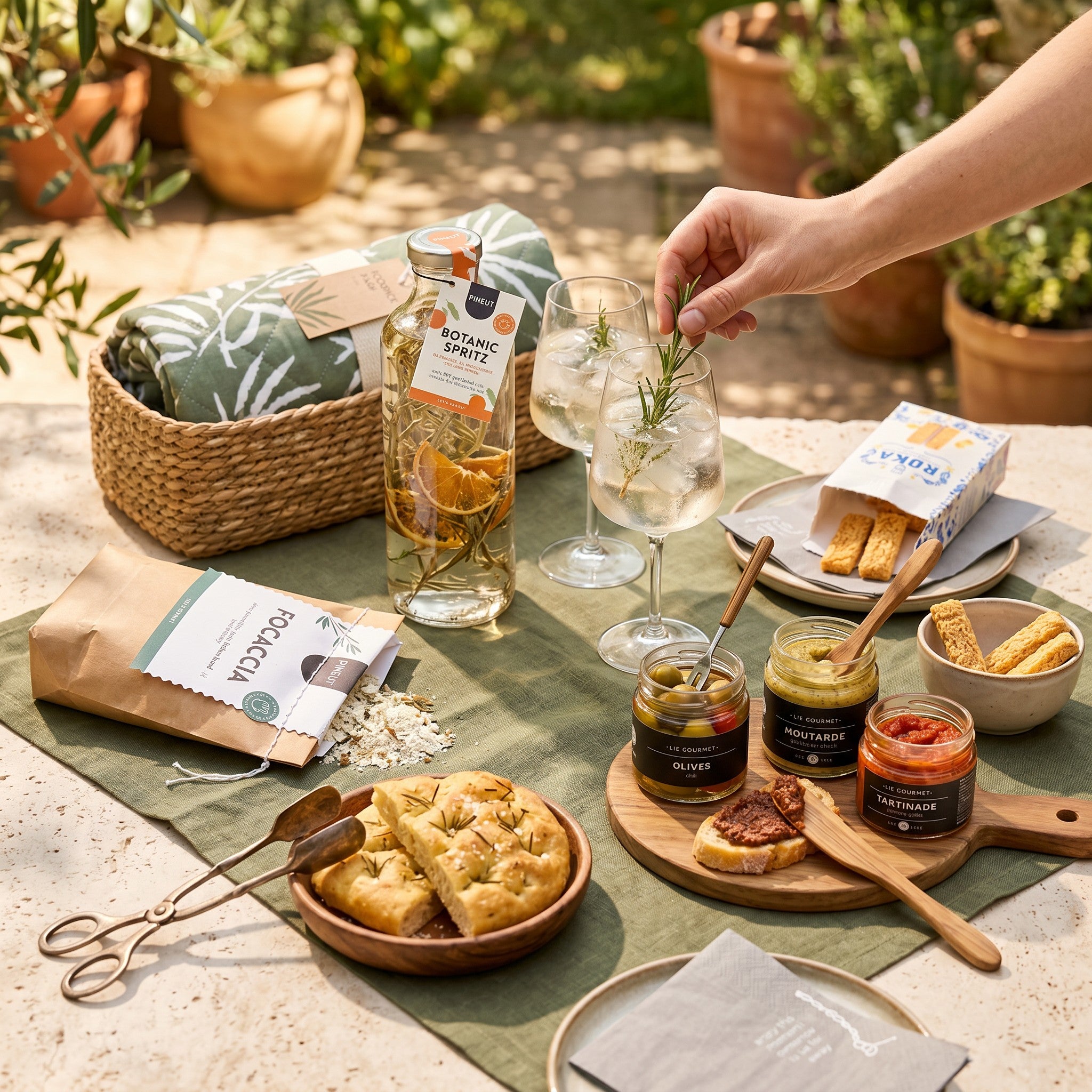 Gourmet Picnic Grand Gift picnic table scene with focaccia bread mix, grilled red pepper tapenade, basil parsley garlic mustard, chili olives, Gouda cheese sticks, botanic spritz mocktail, napkins and picnic blanket.
