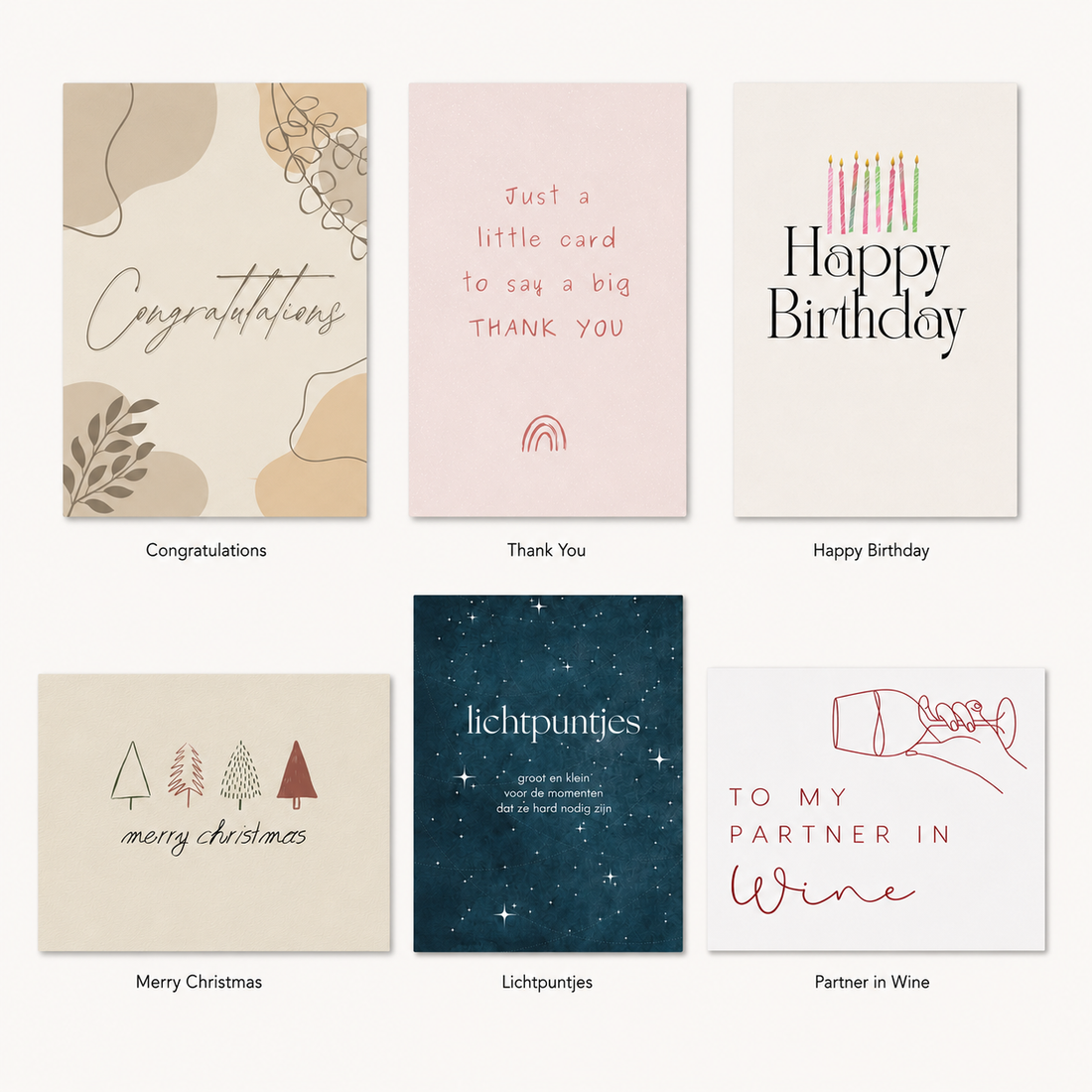 Greeting card upsell options for Coral & Clay gift boxes, showing six card designs: Congratulations, Thank You, Happy Birthday, Merry Christmas, Lichtpuntjes and Partner in Wine.