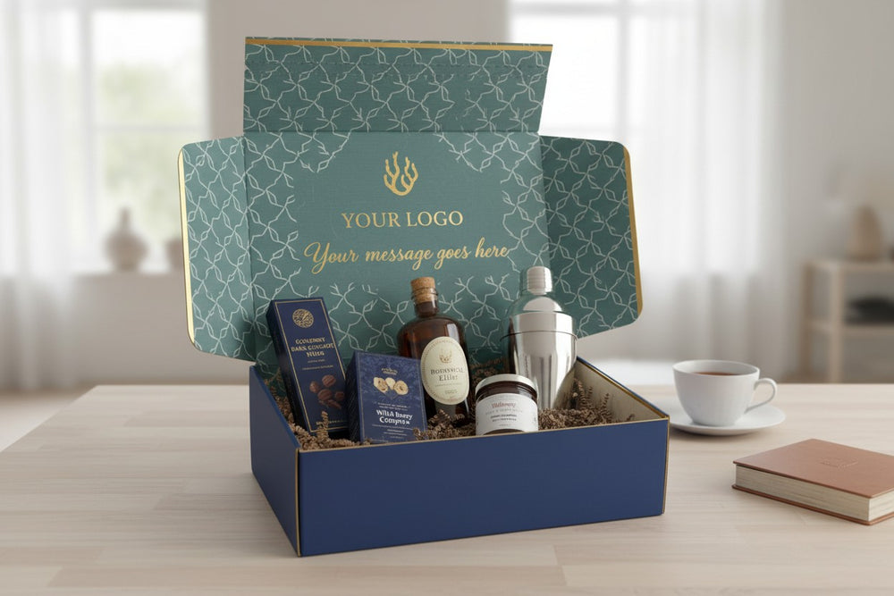 Coral & Clay-giftbox in huisstijl met gourmetproducten erin op een houten tafel.