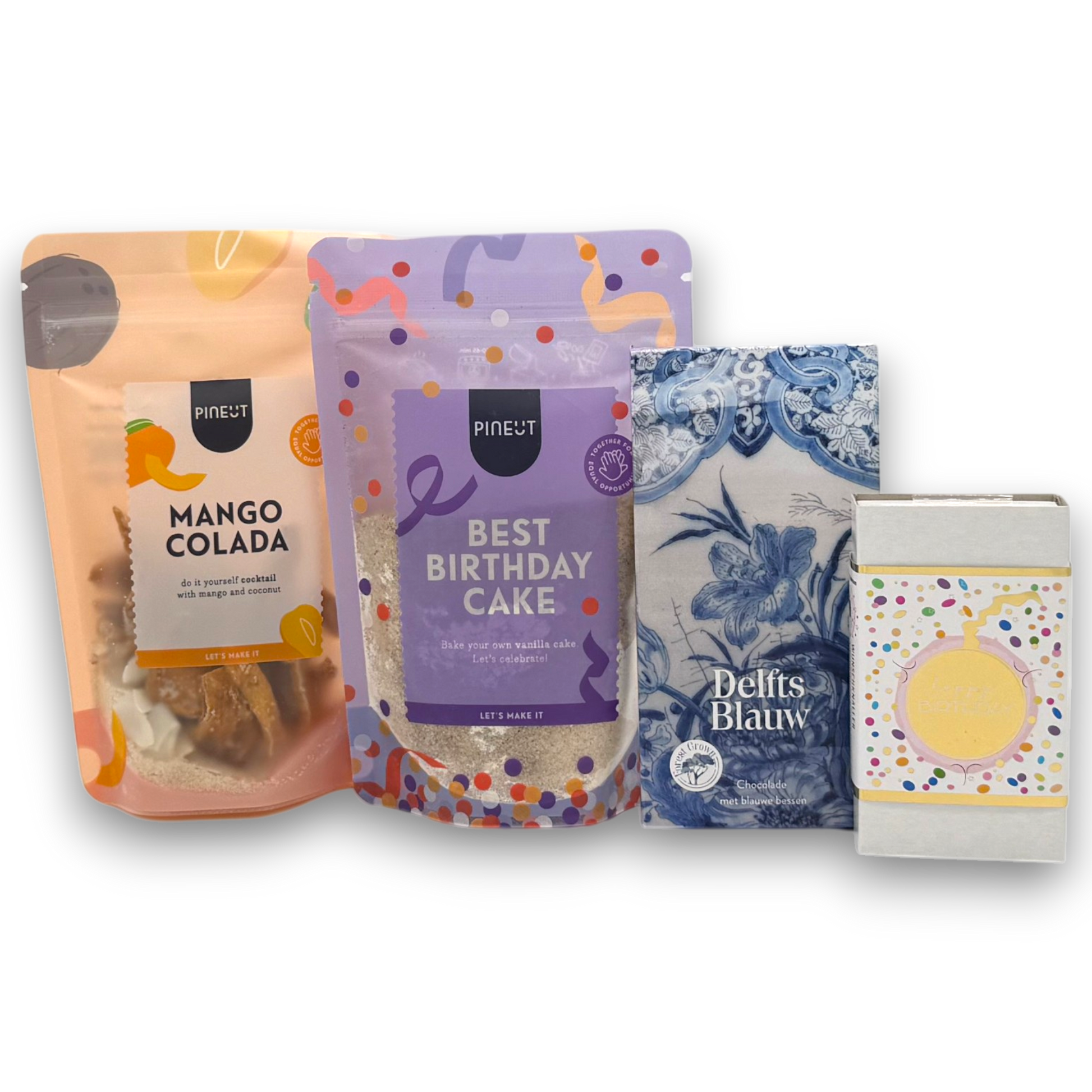 Four different food packages on a white background