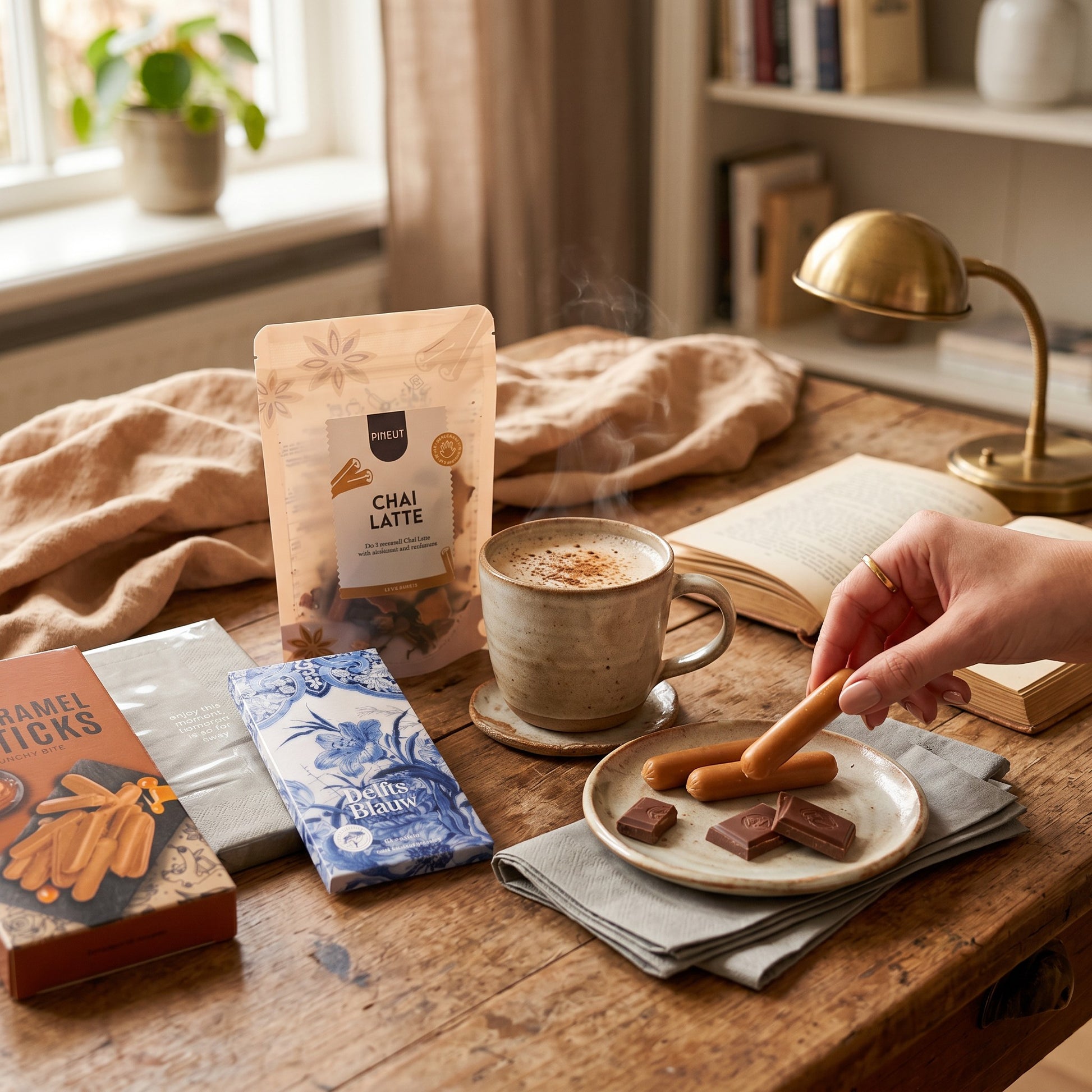 Coral & Clay Sunday Afternoon Chai & Chocolate letterbox gift lifestyle photo – chai latte on a wooden table with snacks and a book.