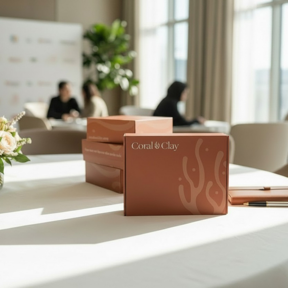 Coral & Clay-cadeauboxen op een tafel op een zakelijke evenementlocatie
