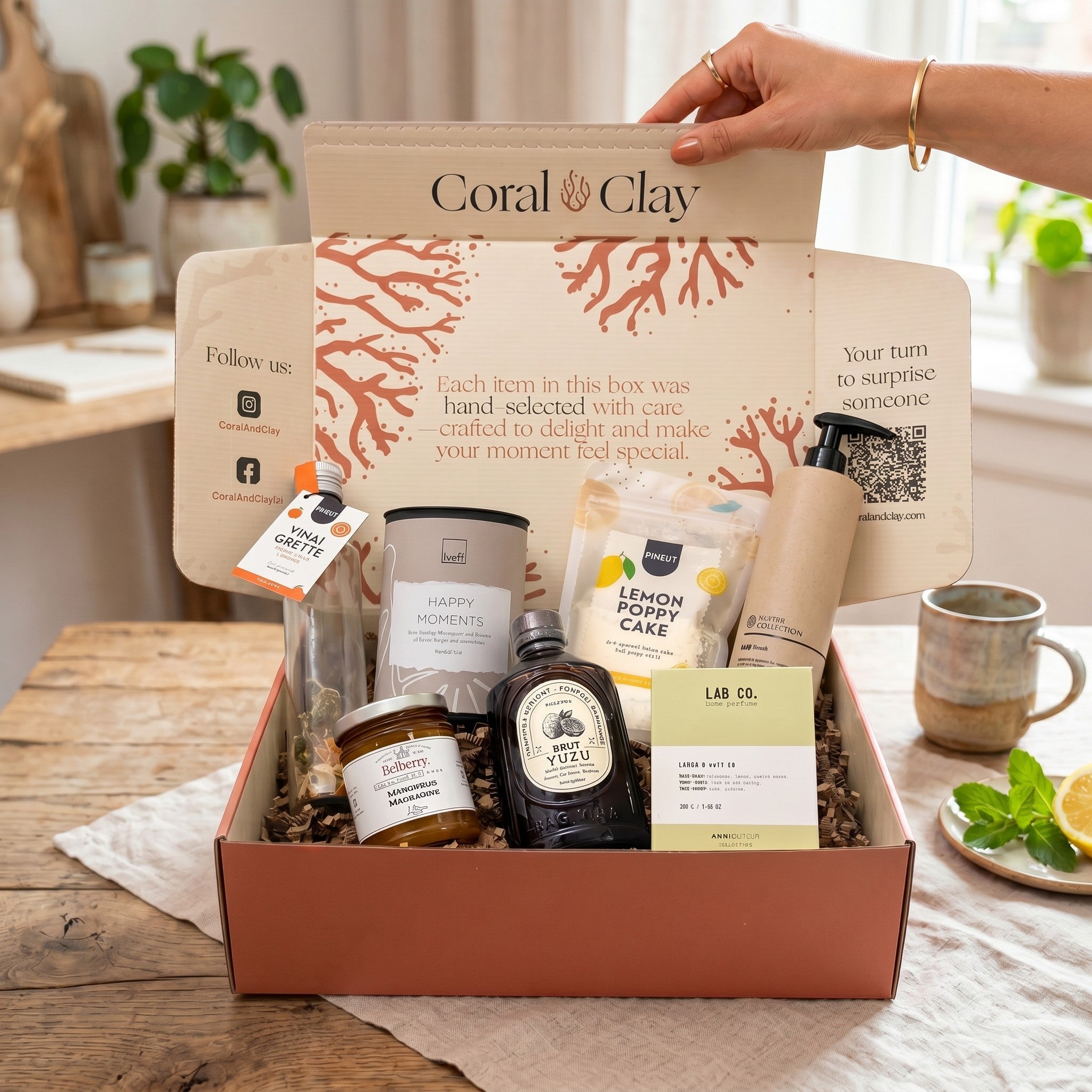 Citrus Zest Signature Gift close-up with yuzu syrup, bergamot body wash, ginger lemongrass tea, mandarin marmalade, lemon poppy cake mix, pepper & orange vinaigrette and lemon salt candle.