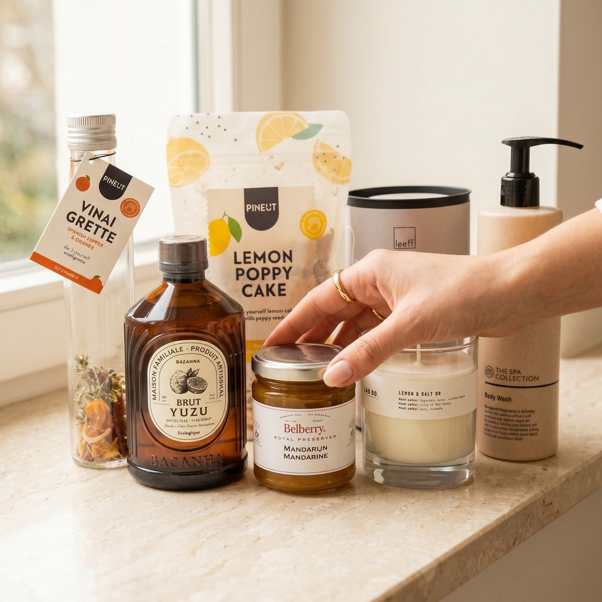 Citrus Zest Signature Gift countertop scene with hand reaching for mandarin marmalade alongside yuzu syrup, bergamot body wash, ginger lemongrass tea, lemon poppy cake mix, pepper & orange vinaigrette and lemon salt candle.