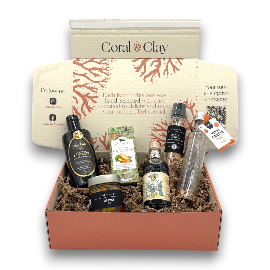 Luxury Mediterranean Signature Gift box with Puglia extra virgin olive oil, balsamic vinegar, chili olives, herb crackers, citrus vinaigrette and seasoning grinder.