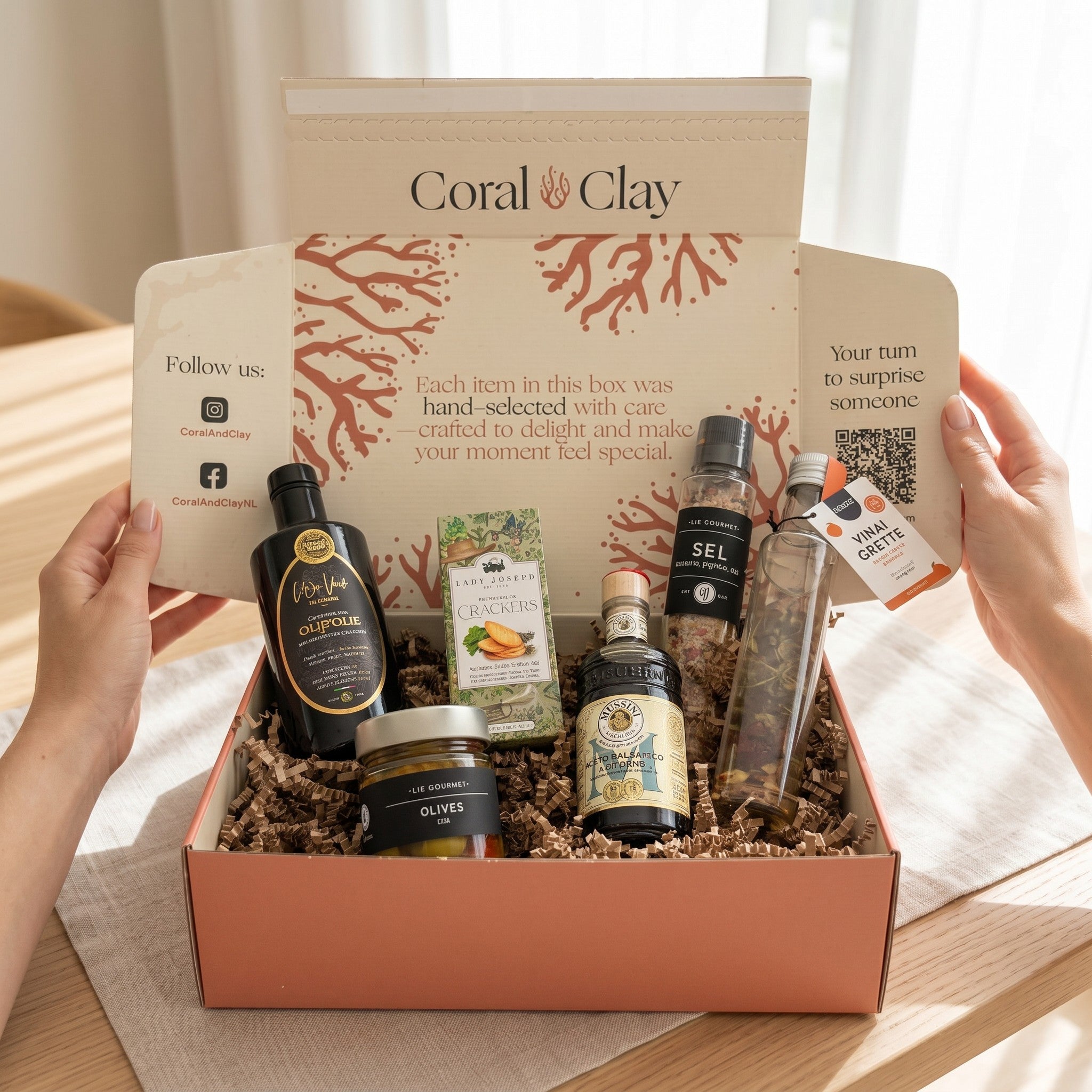 Luxury Mediterranean Signature Gift staged close-up with olive oil, balsamic vinegar, olives, crackers, vinaigrette and seasoning on wooden surface.