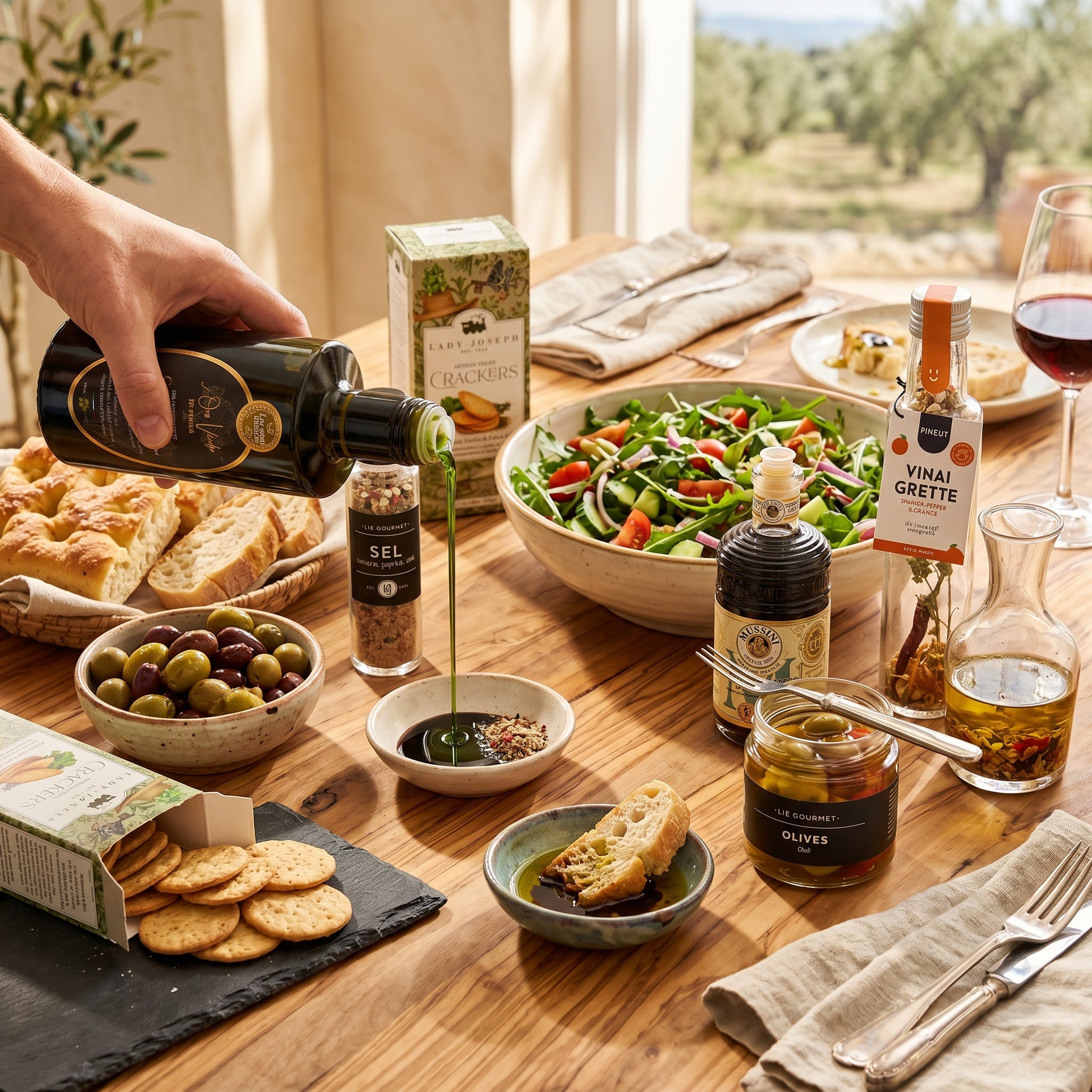 Luxury Mediterranean Signature Gift lifestyle shot: olive oil poured over salad with balsamic, olives, crackers, vinaigrette and seasoning.