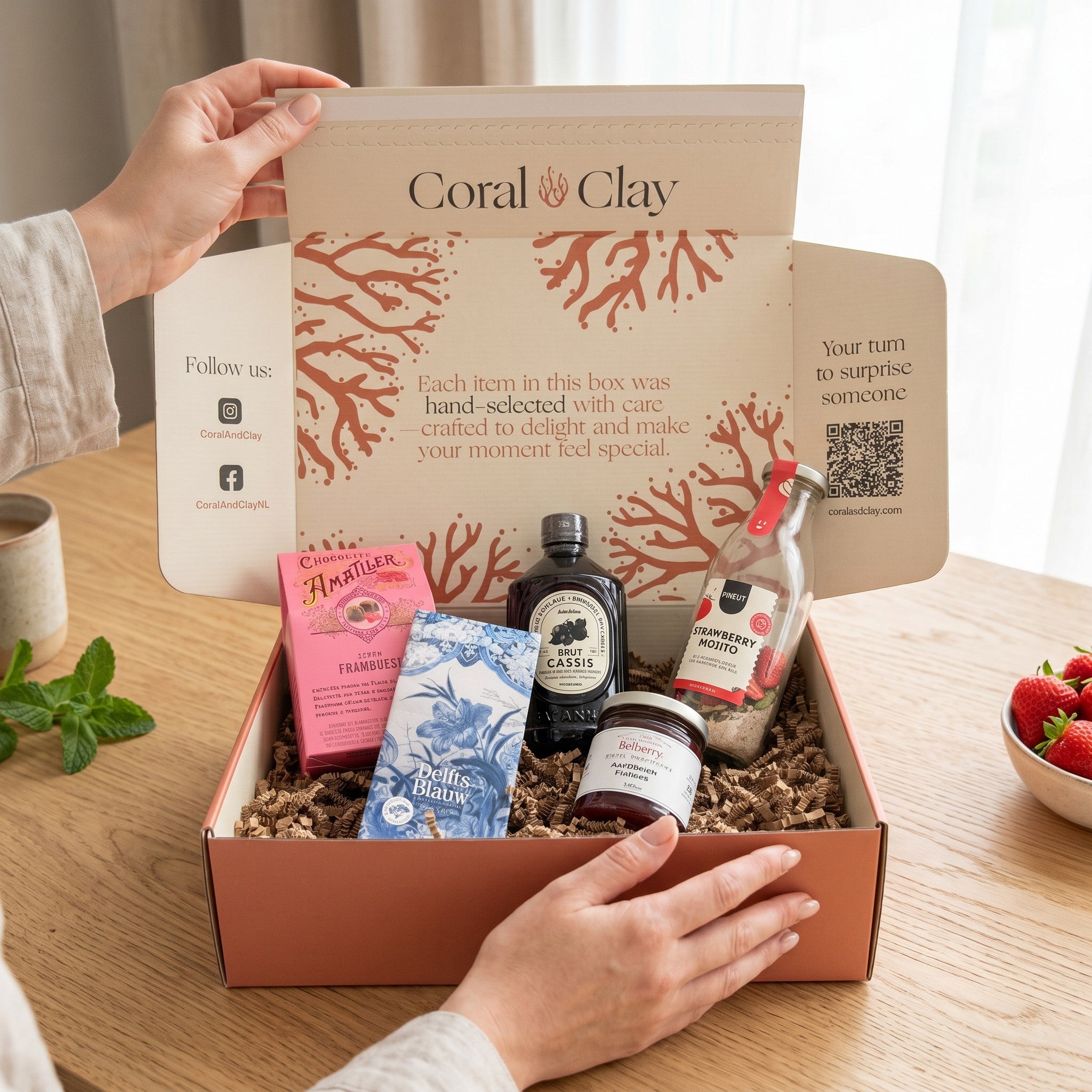 Coral & Clay Very Berry Signature Gift — Chocolate & Cassis staged shot on a wooden table with Amatller milk chocolate raspberry pralines, Delfts Blauw blueberry chocolate bar, Belberry strawberry extra jam, Bacanha organic blackcurrant syrup and Pineut 0% Strawberry Mojito mocktail mix.