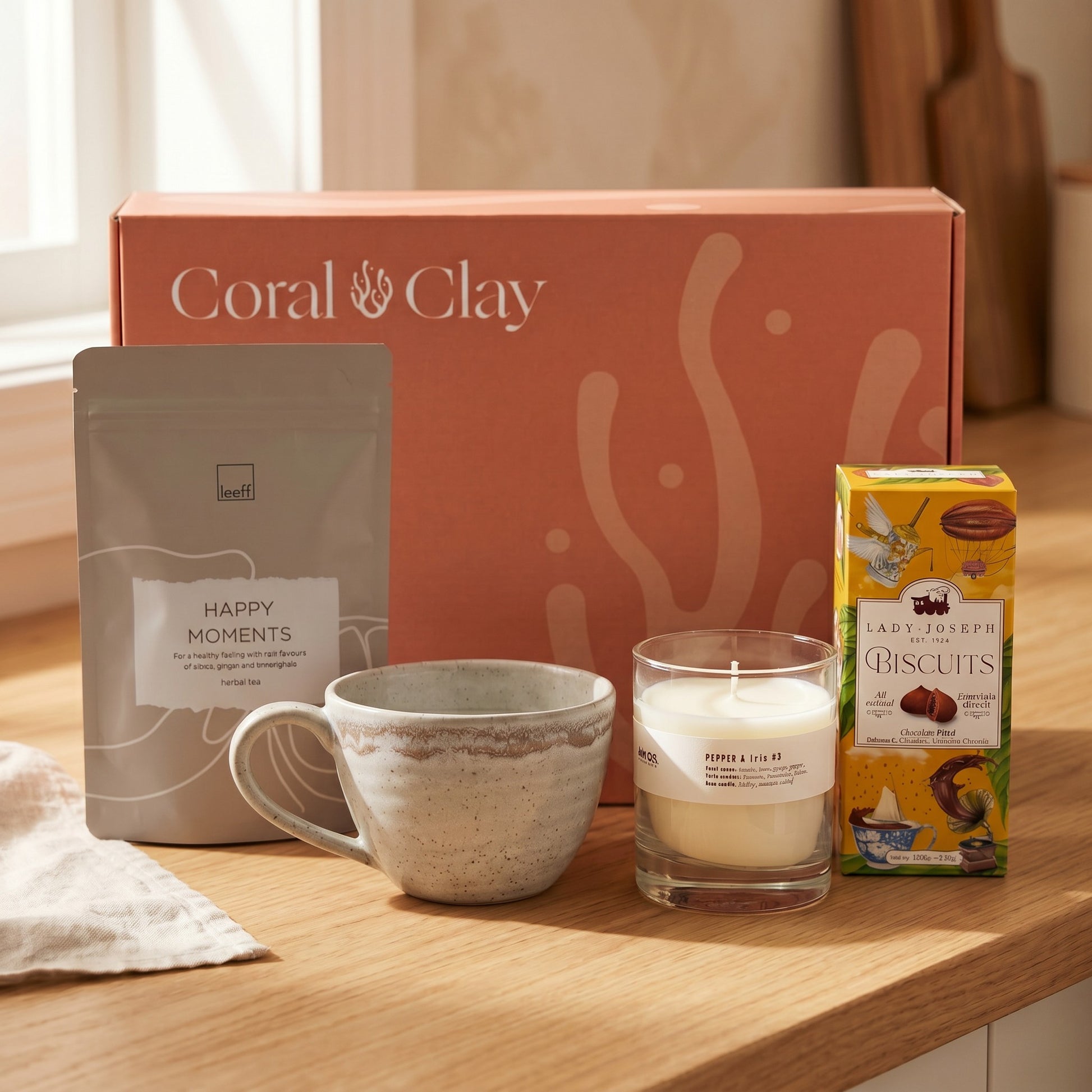 Coral Clay product with a cup, candle, and biscuit box on a wooden surface