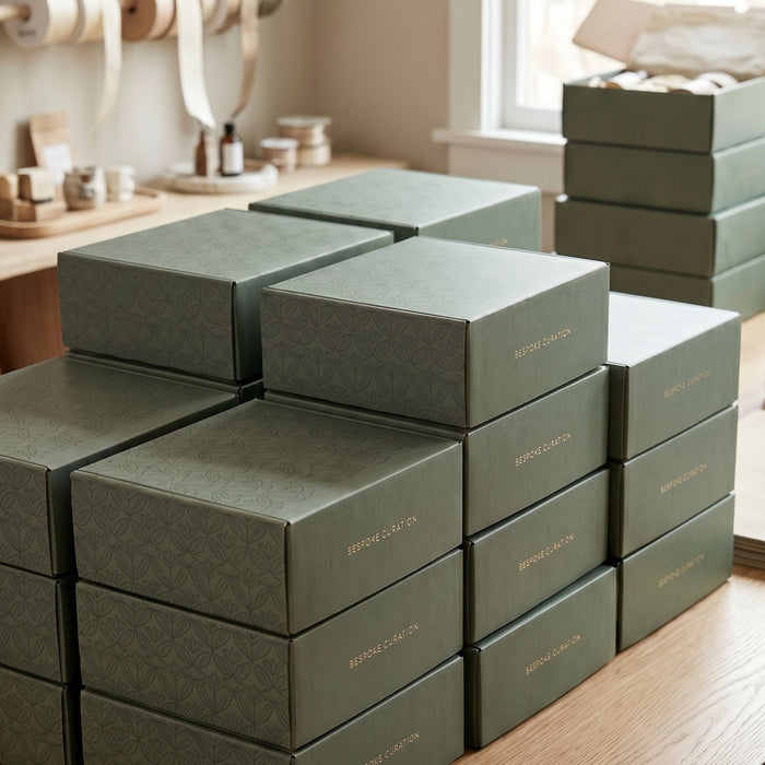 Stapel Coral & Clay-cadeauboxen in huisstijl in groen op een houten oppervlak.