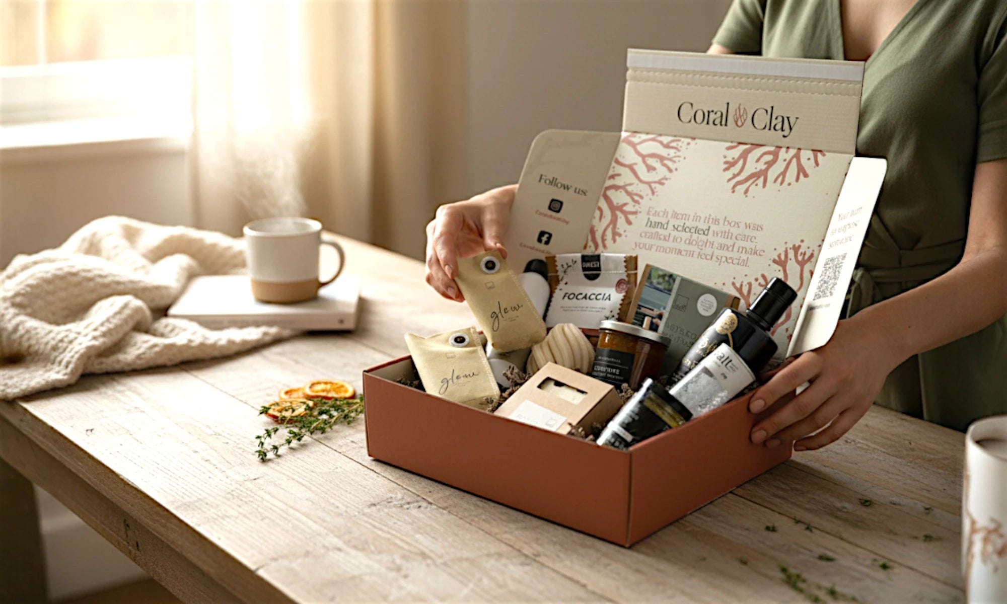 Person opening a Coral & Clay gift box of products on a wooden table with a warm interior setting.