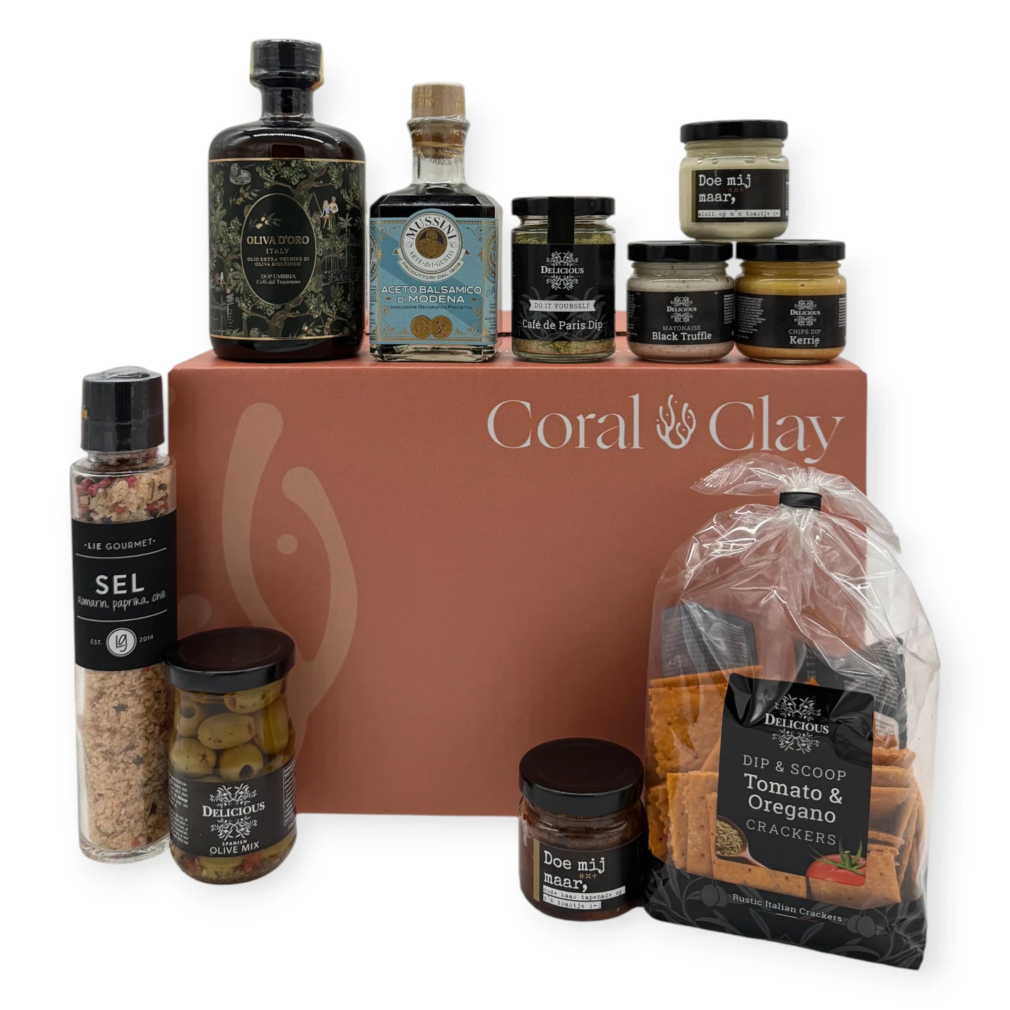 Coral & Clay Grand Gourmet Box with all gourmet items arranged around the coral-coloured gift box, featuring olive oil, balsamic vinegar, crackers, olives, seasoning salt, dips, and spreads.