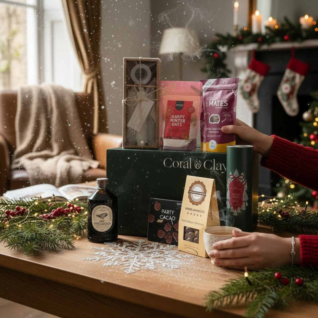 Festive holiday scene with a Coral & Clay Christmas gift box displayed on a wooden table, surrounded by winter greenery, candles, and stockings. Various gourmet treats and drinks are arranged around the box while a person holds a mug and another hand reaches for a product, with soft snowfall and warm holiday lighting in the background.
