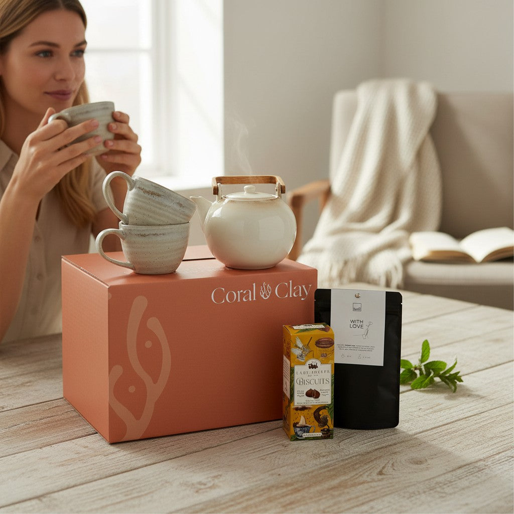 Lifestyle scene featuring the Coral & Clay Grand Tea Ritual Gift Box on a wooden table. A woman enjoys a steaming cup of tea while a ceramic teapot, stacked stoneware mugs, herbal tea blend, and biscuits are arranged on and beside the gift box. A cosy living room with soft blankets and an open book creates a warm, calming teatime atmosphere.
