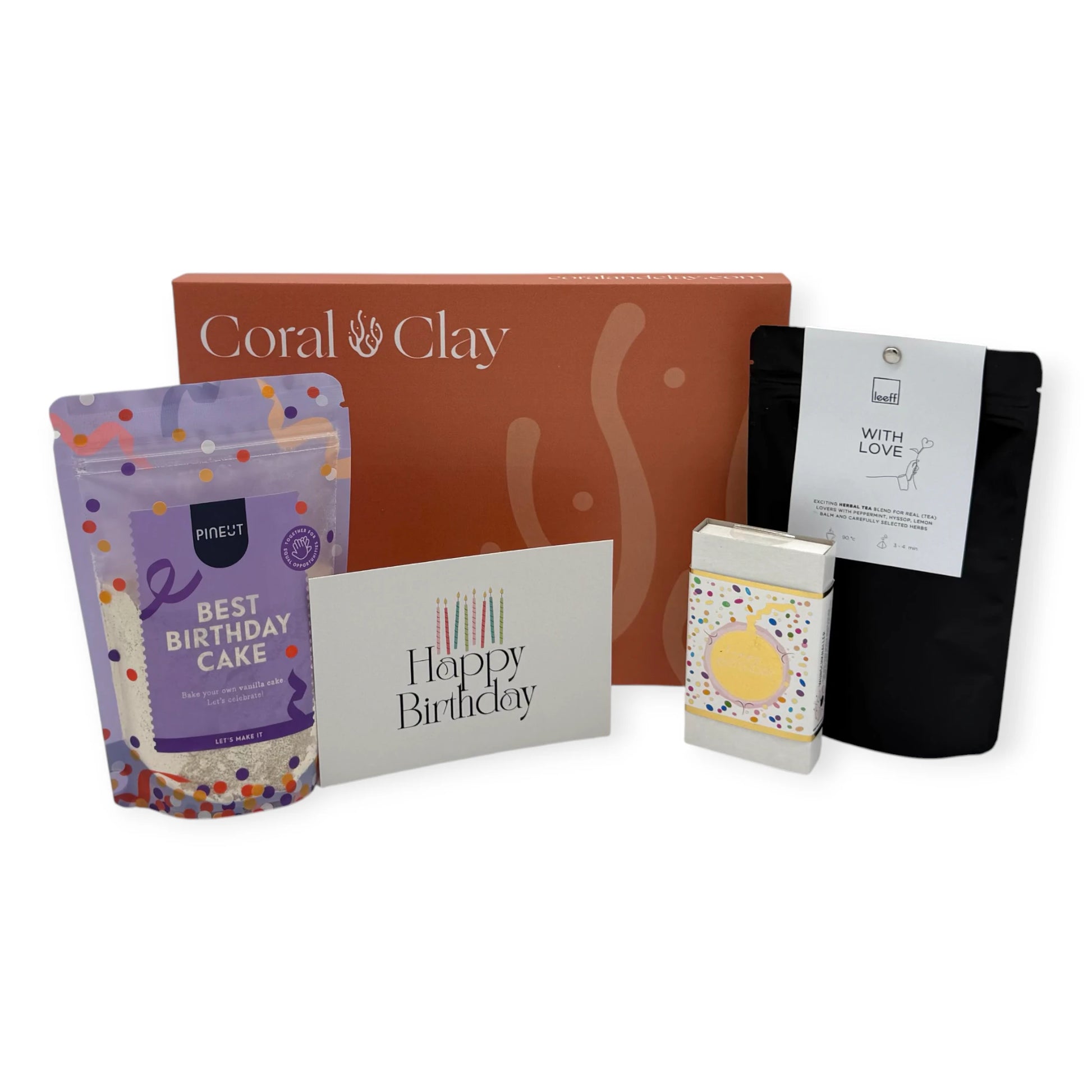 Coral & Clay Birthday Moments Letterbox Gift displayed with Best Birthday Cake mix, With Love herbal tea, birthday chocolate bar, and a Happy Birthday greeting card.