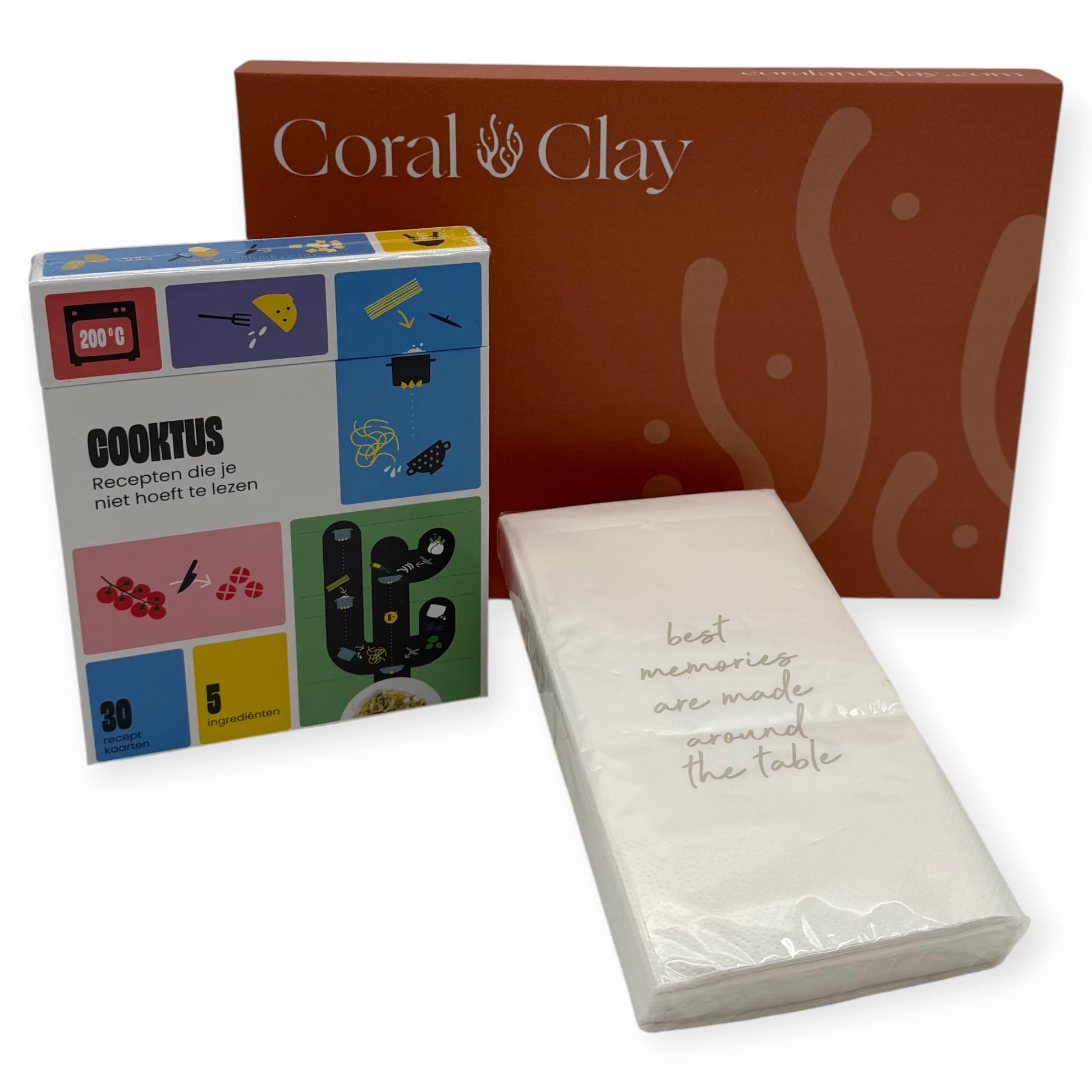 Coral & Clay Dinner Moments Letterbox Gift featuring the Cooktus recipe deck, Leeff napkins, and the premium coral-coloured letterbox packaging.