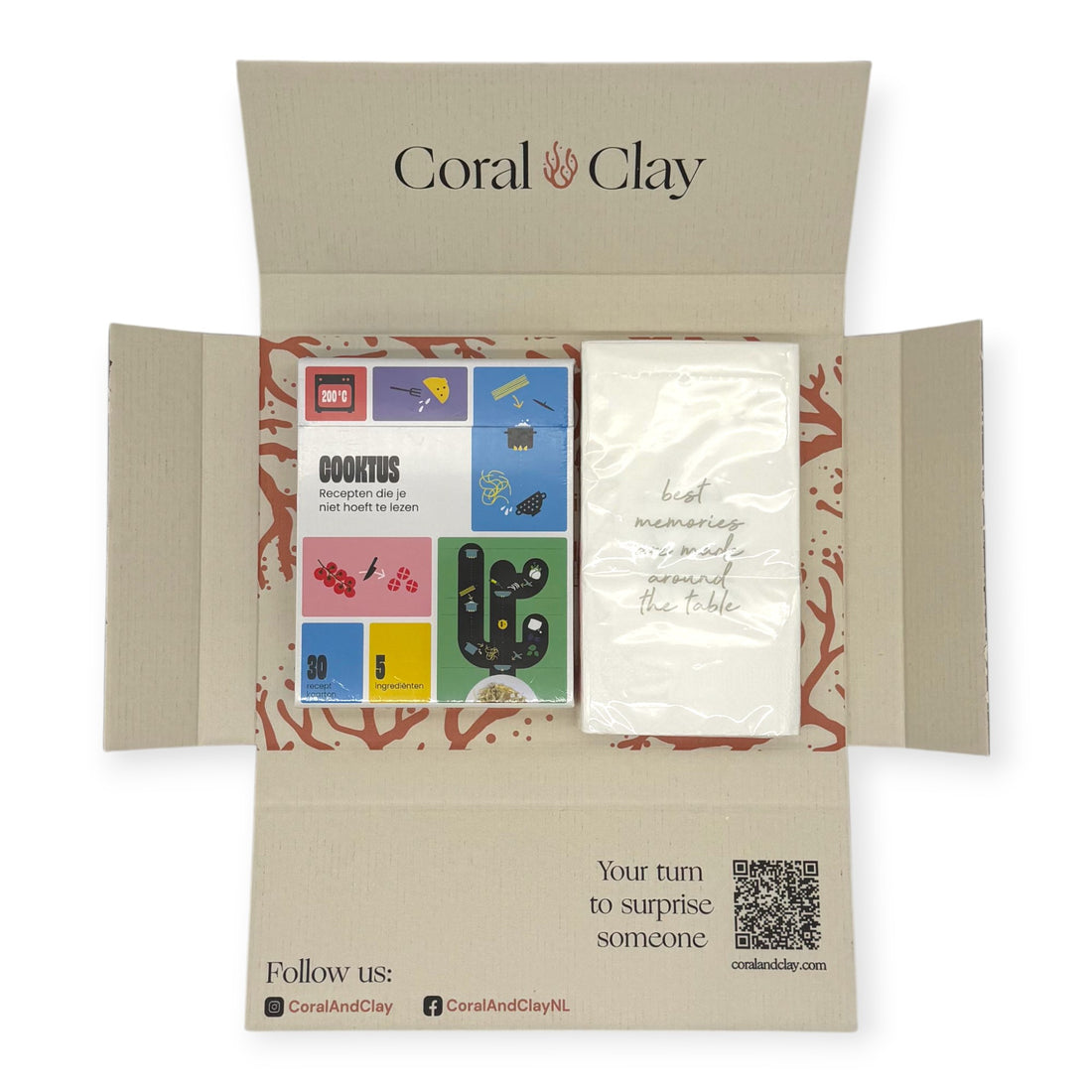 Coral & Clay Dinner Moments Letterbox Gift featuring the Cooktus recipe deck, Leeff napkins, and the premium coral-coloured letterbox packaging.