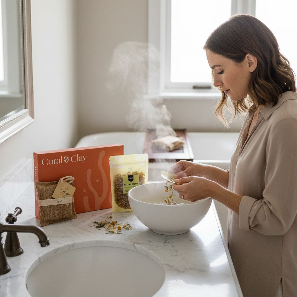 Lifestyle scene of a woman preparing a chamomile facial steam beside Coral & Clay packaging, Leeff sachets, and Pineut facial steam.