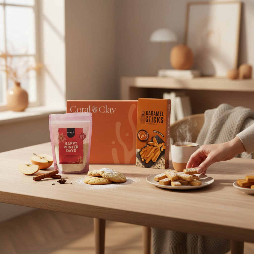 Lifestyle scene with the Coral & Clay Winter Treats Gift, showing Happy Winter Days cookie mix, salted caramel sticks, and freshly baked cookies on a cosy winter table.