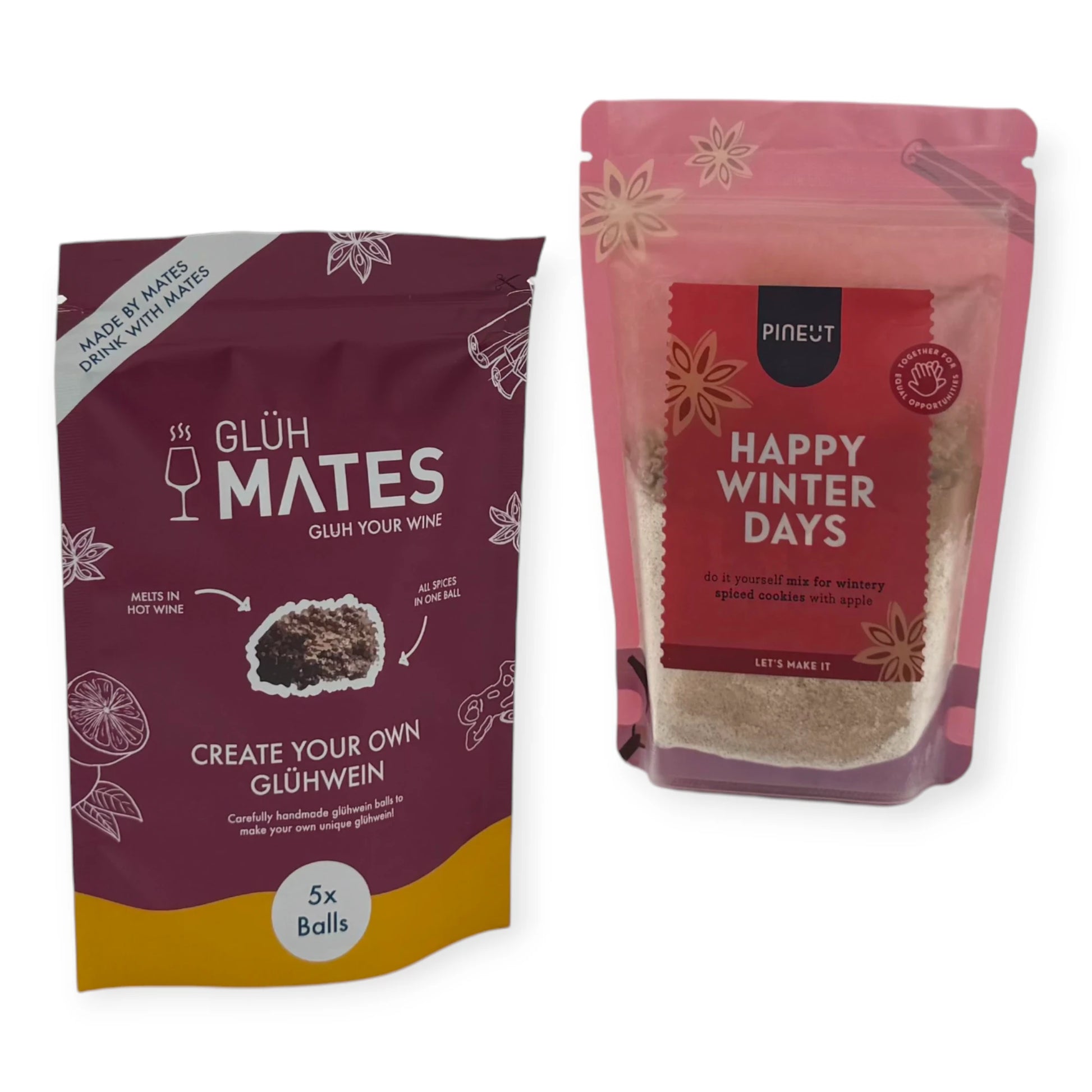 Contents of the Coral & Clay Winter Warmth Letterbox Gift featuring Glüh Mates glühwein mix and Pineut Happy Winter Days spiced cookie mix.