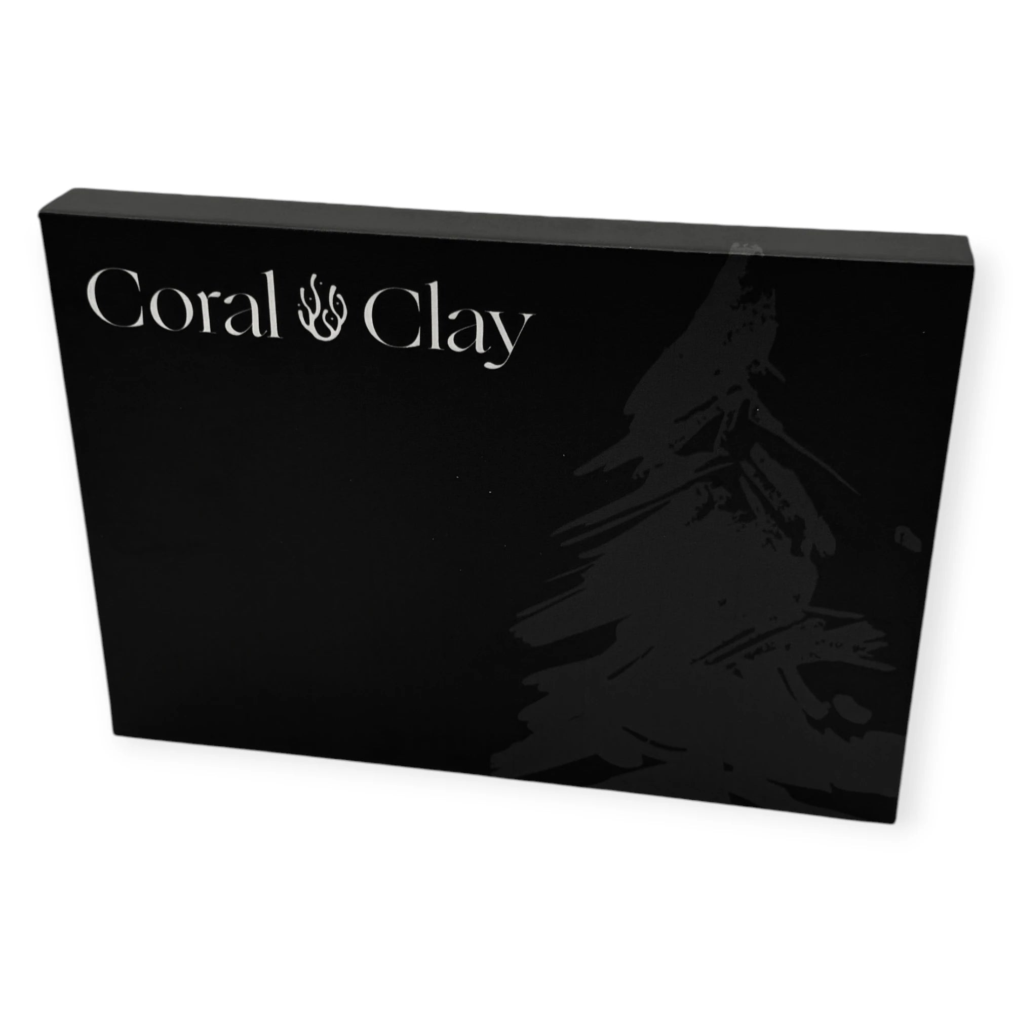 Front view of Coral & Clay deep forest green Christmas letterbox gift box with minimalist Christmas tree illustration and elegant branding.