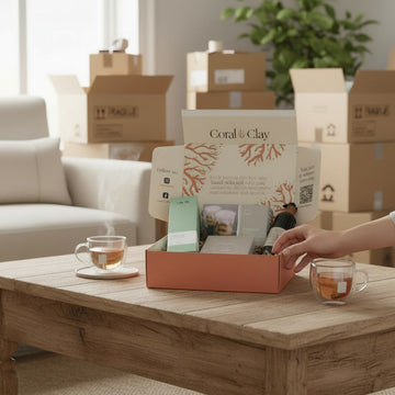 Coral & Clay housewarming gift box displayed on a wooden coffee table with two glass cups of tea, surrounded by moving boxes in a cozy living room setting. The open gift box reveals premium items including skincare products and treats, with elegant coral-themed branding on the inside lid.