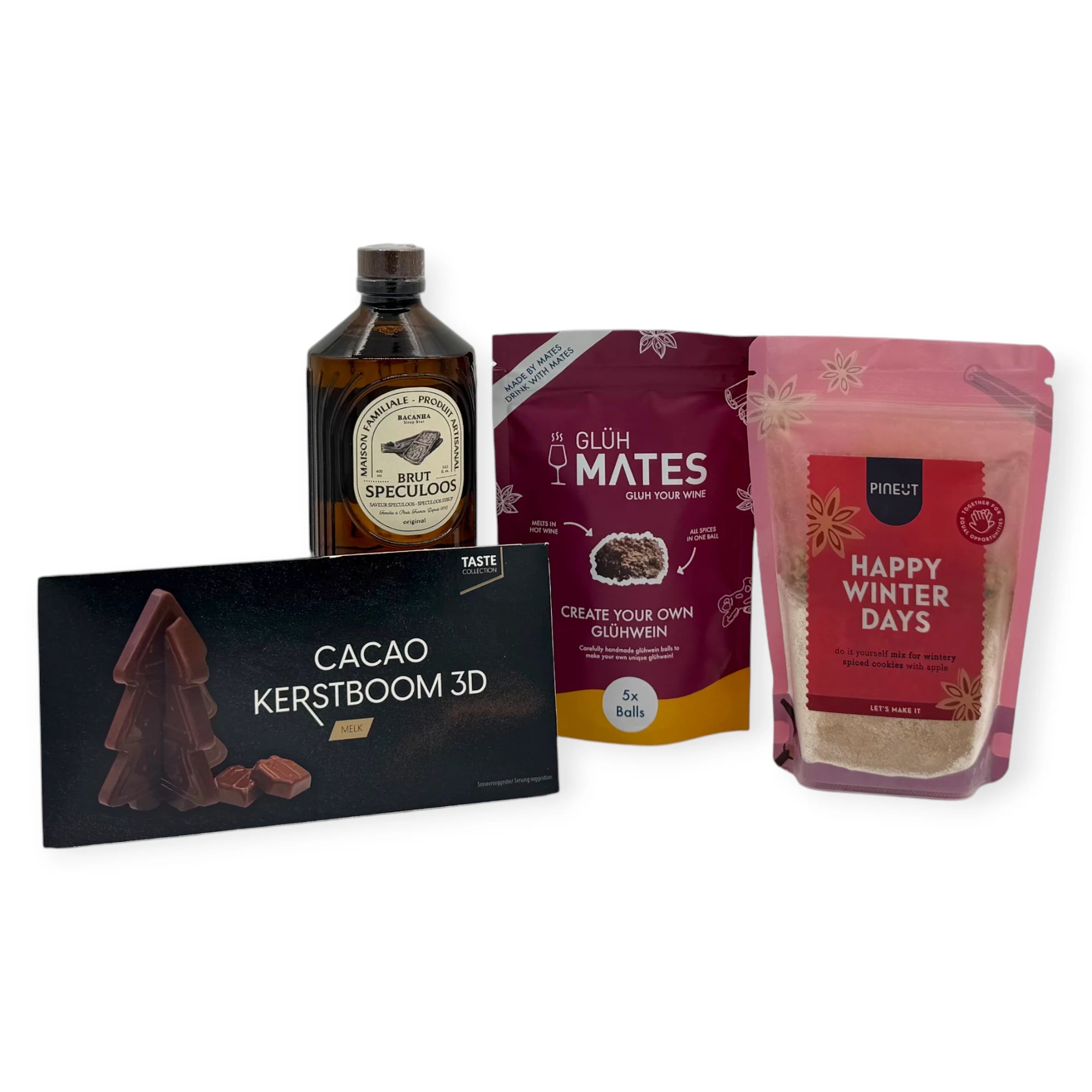 Christmas Delight Signature Gift contents featuring Brut Speculoos syrup, Glüh Mates glühwein mix, Happy Winter Days cookie mix, and a 3D cacao Christmas tree chocolate.