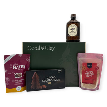 Christmas Delight Signature Gift presented in the Coral & Clay Christmas box, with Brut Speculoos syrup, glühwein mix, winter cookie mix, and 3D chocolate tree arranged inside.