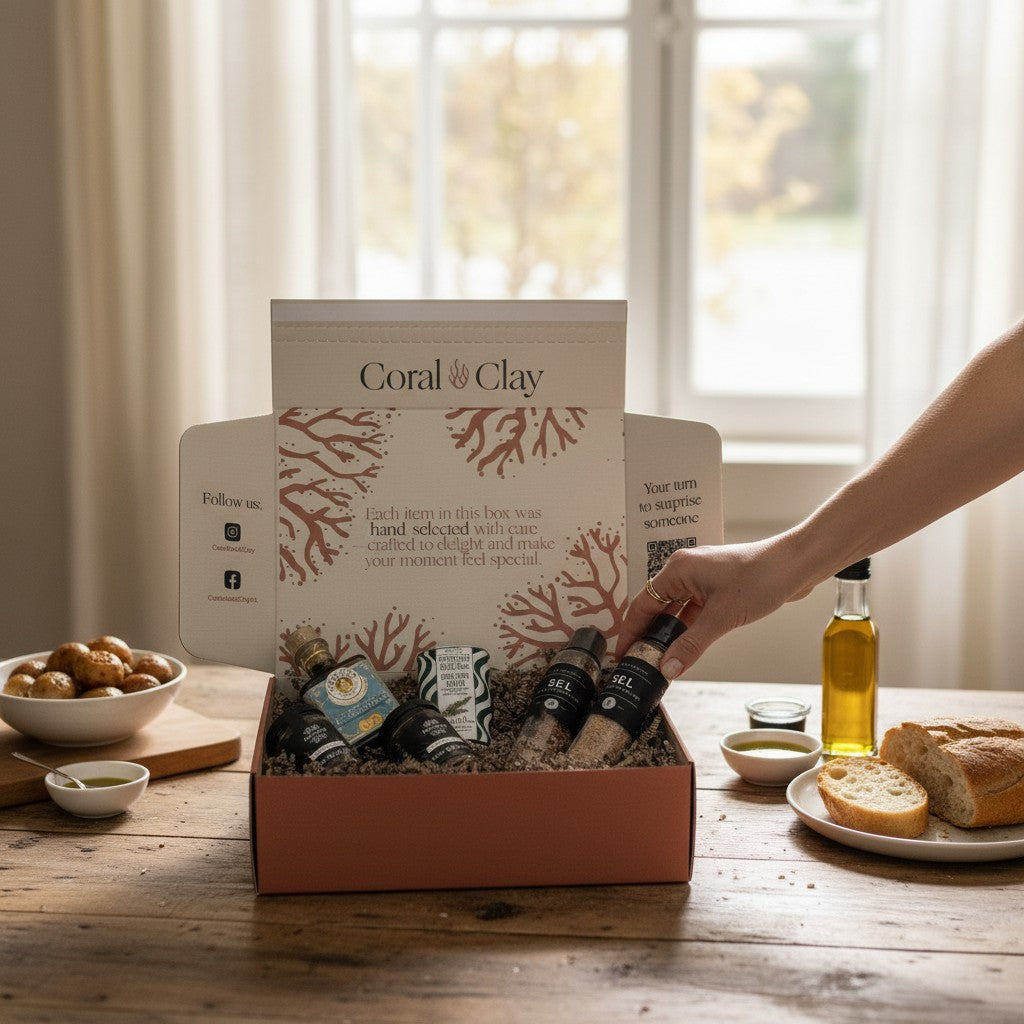 A person preparing a Mediterranean-inspired meal in a warm kitchen, reaching into a Coral & Clay gift box filled with premium cooking ingredients including seasoned salt, balsamic vinegar, olive oil, and dip mixes.