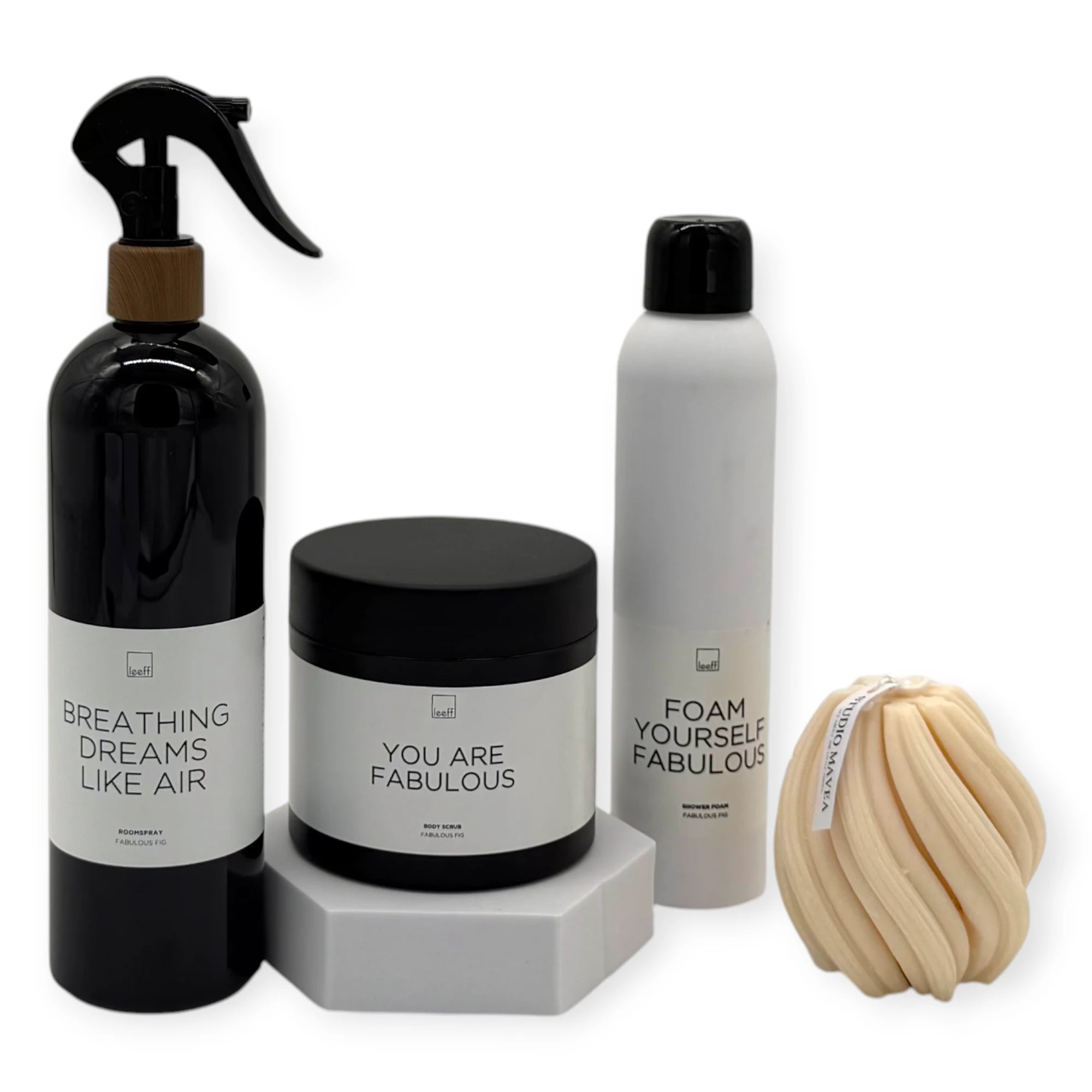 Feel-Good Signature Gift contents — Leeff Fabulous Fig body scrub, Fabulous Fig shower foam, Breathing Dreams Like Air room spray, and Studio Amava body sponge.