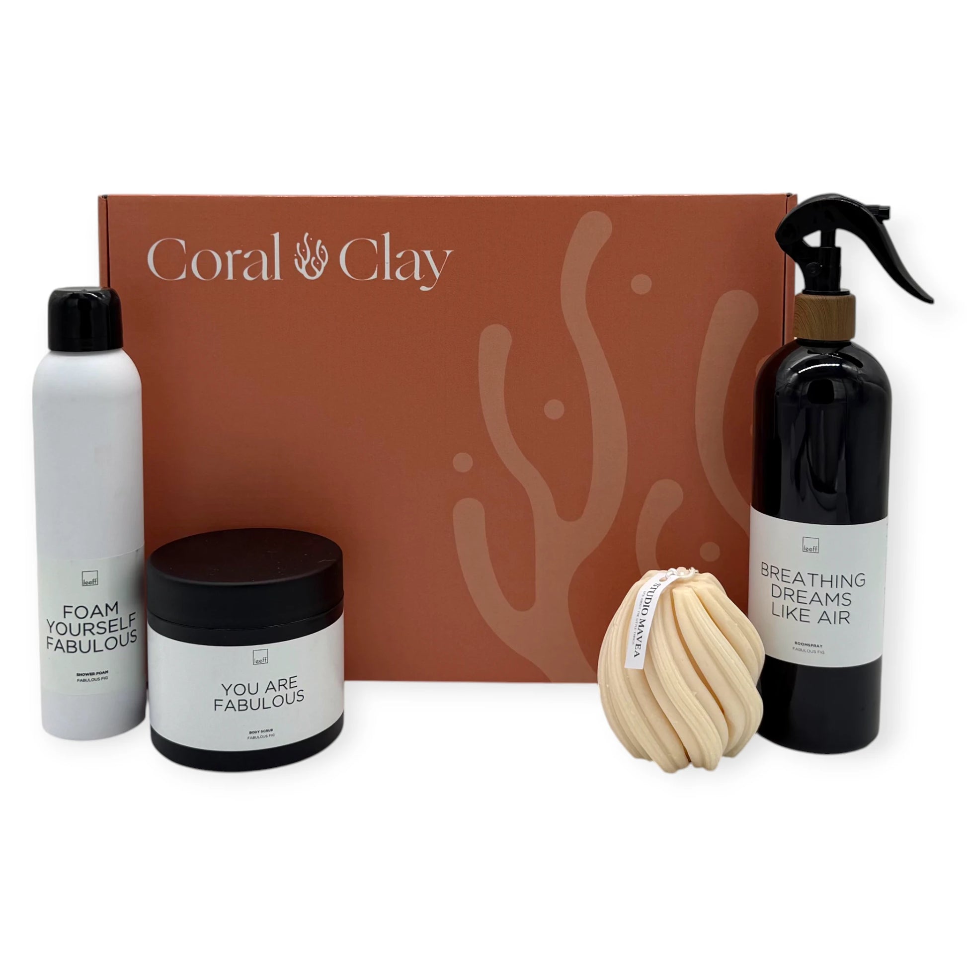 Feel-Good Signature Gift with Leeff body scrub, shower foam, room spray, and Studio Amava body sponge arranged in a Coral & Clay Signature box.