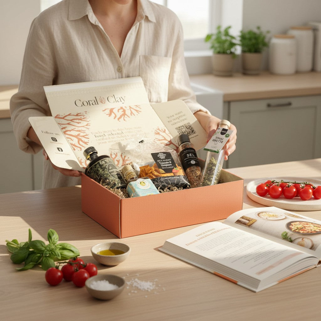 Person opening a Coral & Clay Luxury Italian Signature Gift on a kitchen counter, with premium Italian ingredients such as olive oil, seasoning mixes, pasta toppings, and gourmet salts arranged in an orange gift box, surrounded by fresh tomatoes, herbs, and an open cookbook.