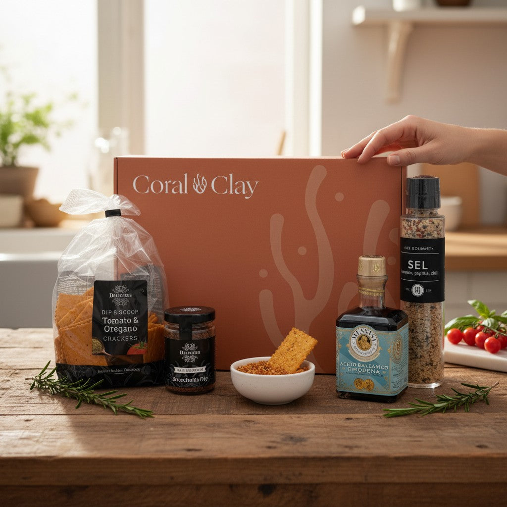 A person arranges gourmet cooking items inside a Coral & Clay gift box in a warm kitchen setting, with Lie Gourmet salt, Mussini balsamic vinegar, Benolive olive oil, and dip mixes displayed on a rustic tabletop.