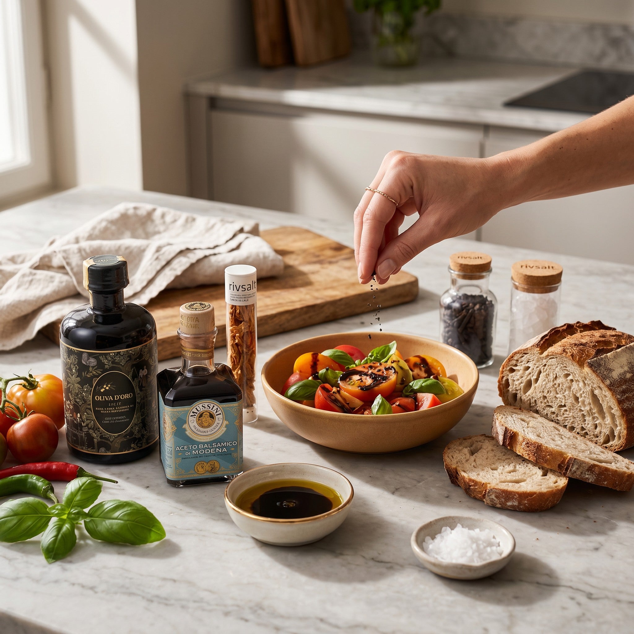 Coral & Clay Premium Kitchen Essentials Signature Gift staging photo – Mussini Modena balsamic vinegar, Oliva D’Oro olive oil and Rivsalt Pasta Salt, Amazon Chili, Java Long Pepper on a kitchen counter.