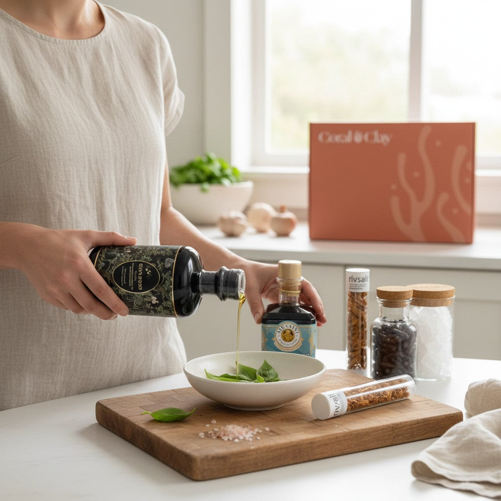 Person preparing a fresh basil salad while pouring Oliva d’Oro olive oil, with Mussini balsamic vinegar and Rivsalt gourmet seasonings displayed on the counter and a Coral & Clay gift box in the background.