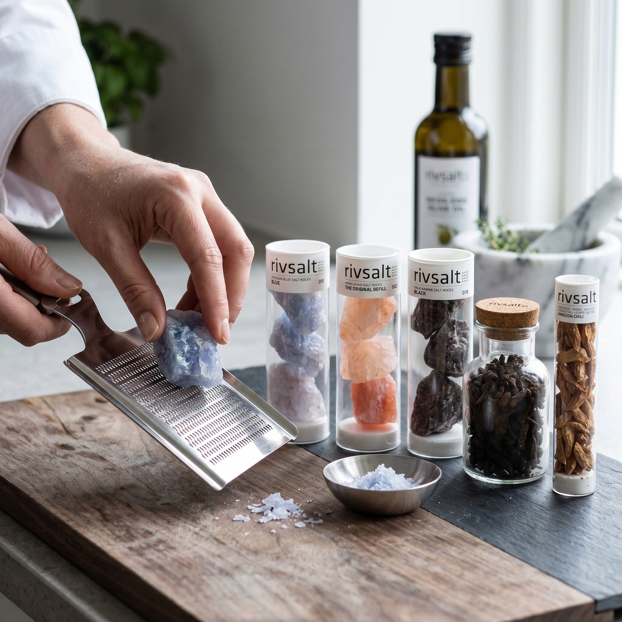 Coral & Clay Spiceworks Signature Gift lifestyle photo – grating Rivsalt gourmet salt using the stainless-steel salt and spice grater over a wooden surface.