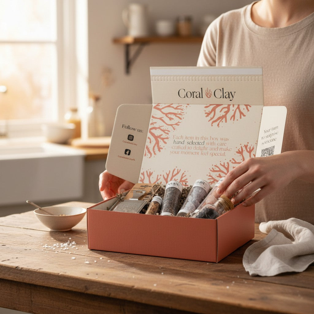 Person preparing food with Rivsalt salt rock and grater beside the open Coral & Clay Spiceworks Gift Box filled with gourmet salt rocks and spices on a wooden kitchen table.