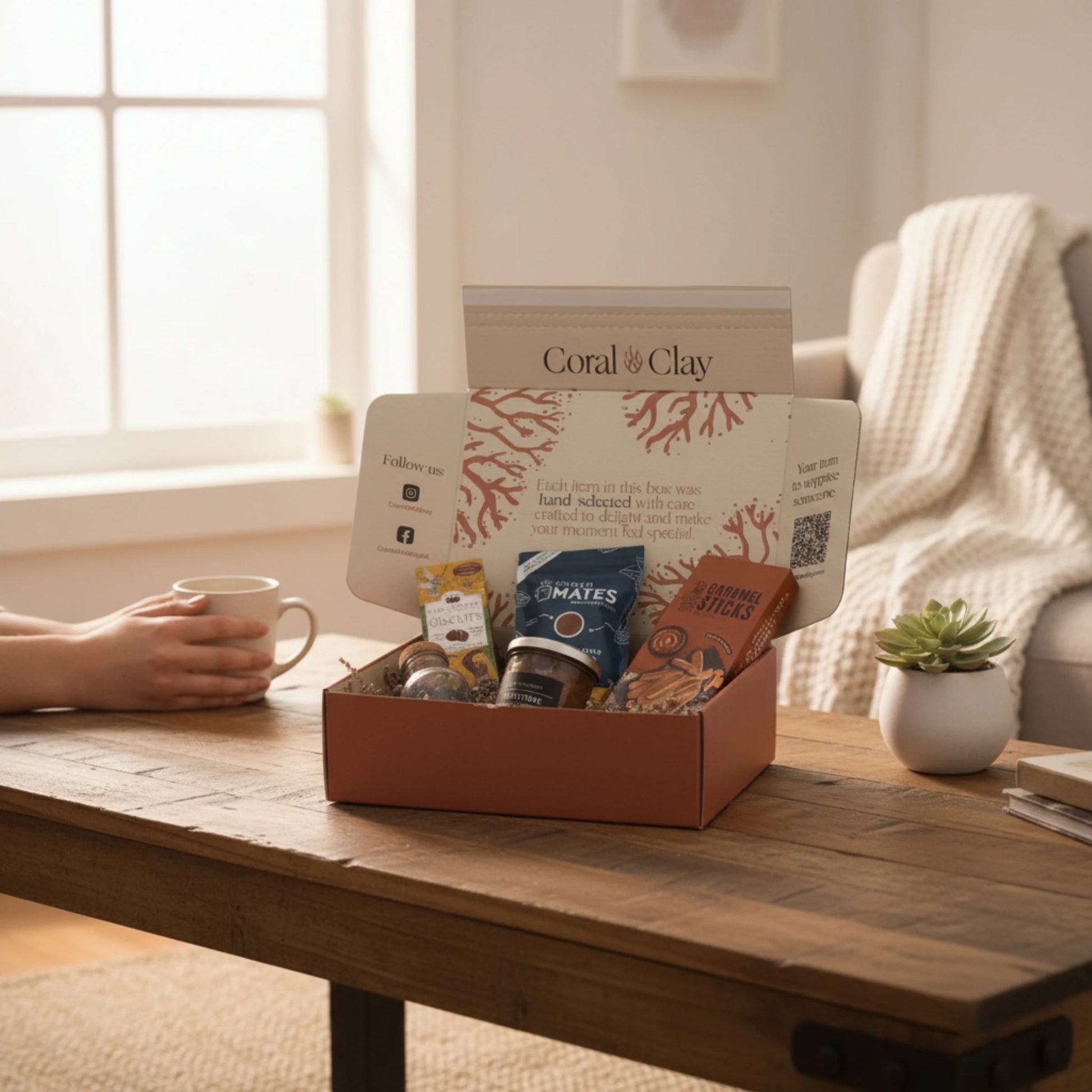 A lifestyle scene of the Sunday Afternoon Signature Gift opened on a wooden coffee table, showing sweet treats inside the Coral & Clay box while a person enjoys a warm drink in a cozy living room setting.