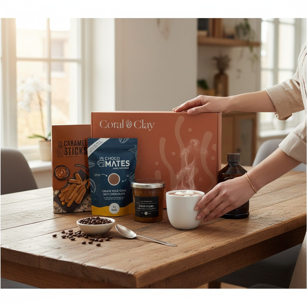 Lifestyle scene of the Sweet Indulgence Signature Gift on a wooden table, featuring Choco Mates hot chocolate mix, salted caramel sticks, LIE Gourmet confiture, and Brut Poire syrup beside a steaming mug of hot chocolate, with the Coral & Clay terracotta gift box in a cosy home setting.