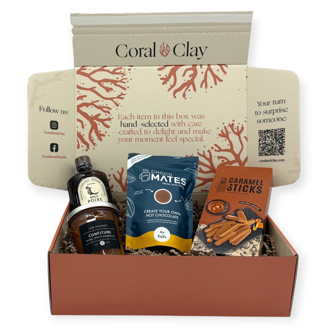 Sweet Indulgence Signature Gift presented with the Coral & Clay terracotta gift box, including Choco Mates hot chocolate mix, salted caramel sticks, Brut Poire syrup, and LIE Gourmet fruit confiture.