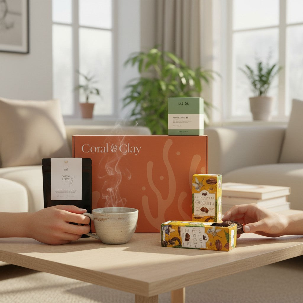 Coral & Clay product packaging on a table with a cup and snacks in a home setting