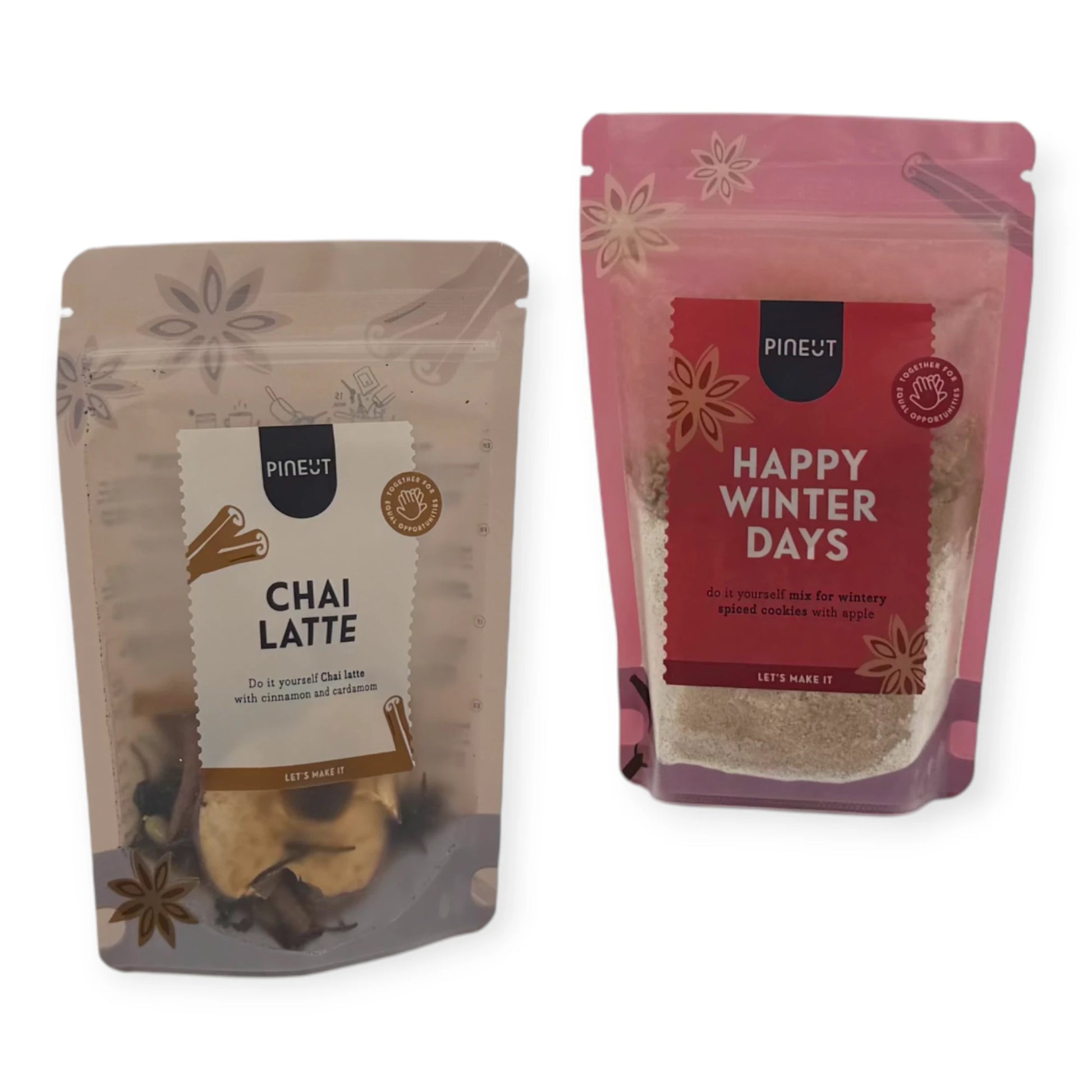 Contents of the Coral & Clay Chai Christmas Letterbox Gift featuring Pineut Chai Latte mix and Pineut Happy Winter Days spiced cookie mix.