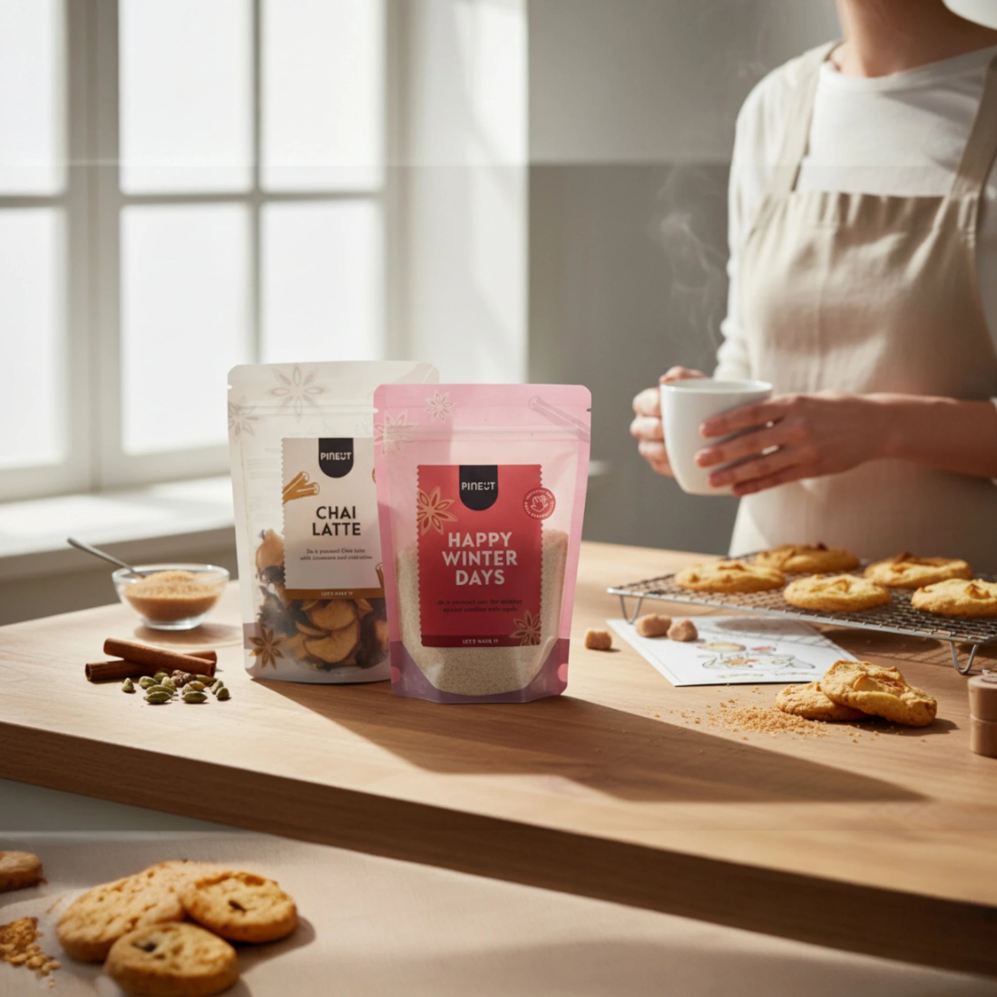 Lifestyle scene with Pineut Chai Latte and Happy Winter Days cookie mix on a kitchen counter while freshly baked cookies cool on a rack and someone enjoys a warm drink.