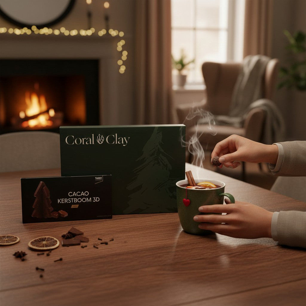 Lifestyle scene with a Coral & Clay Christmas gift box, a 3D milk chocolate Christmas tree bar, and someone preparing mulled wine beside a warm, festive fireplace.
